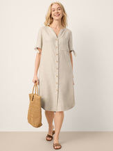 100% Linen Button-Front Tie Cuff V-Neck Shirt Dress HONORIA by LINTICO for women