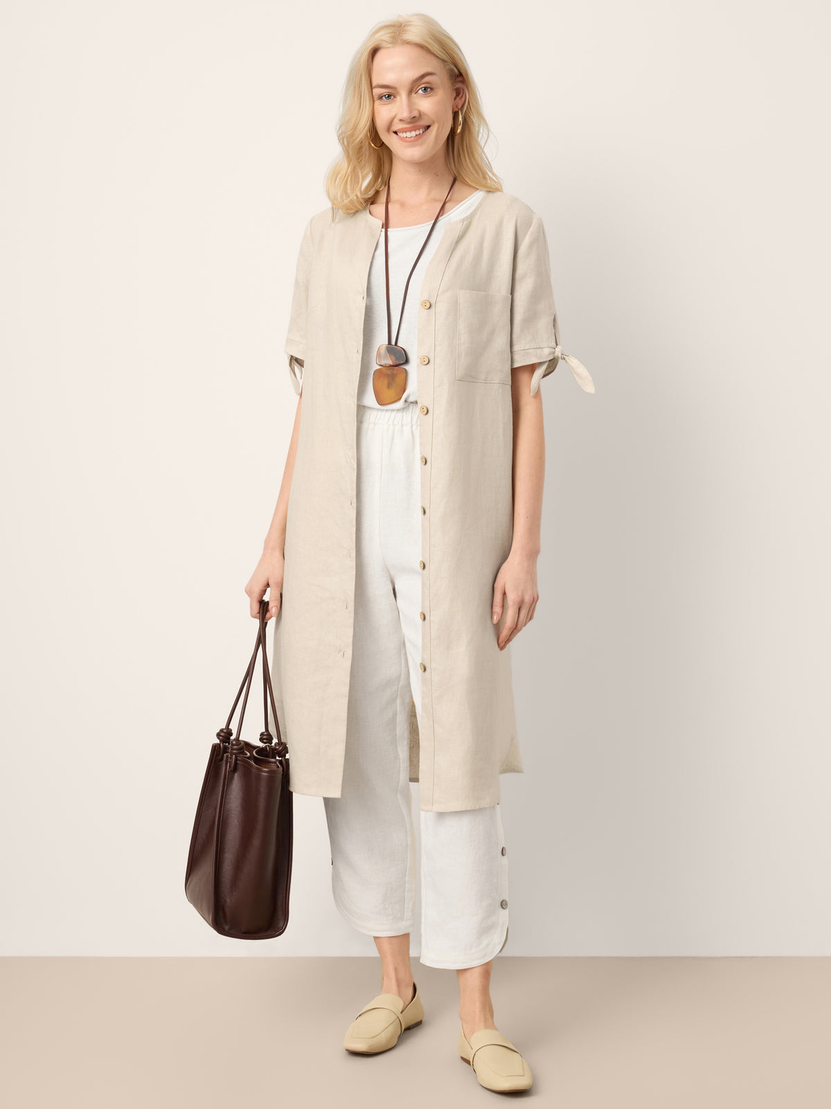 100% Linen Button-Front Tie Cuff V-Neck Shirt Dress HONORIA by LINTICO for women