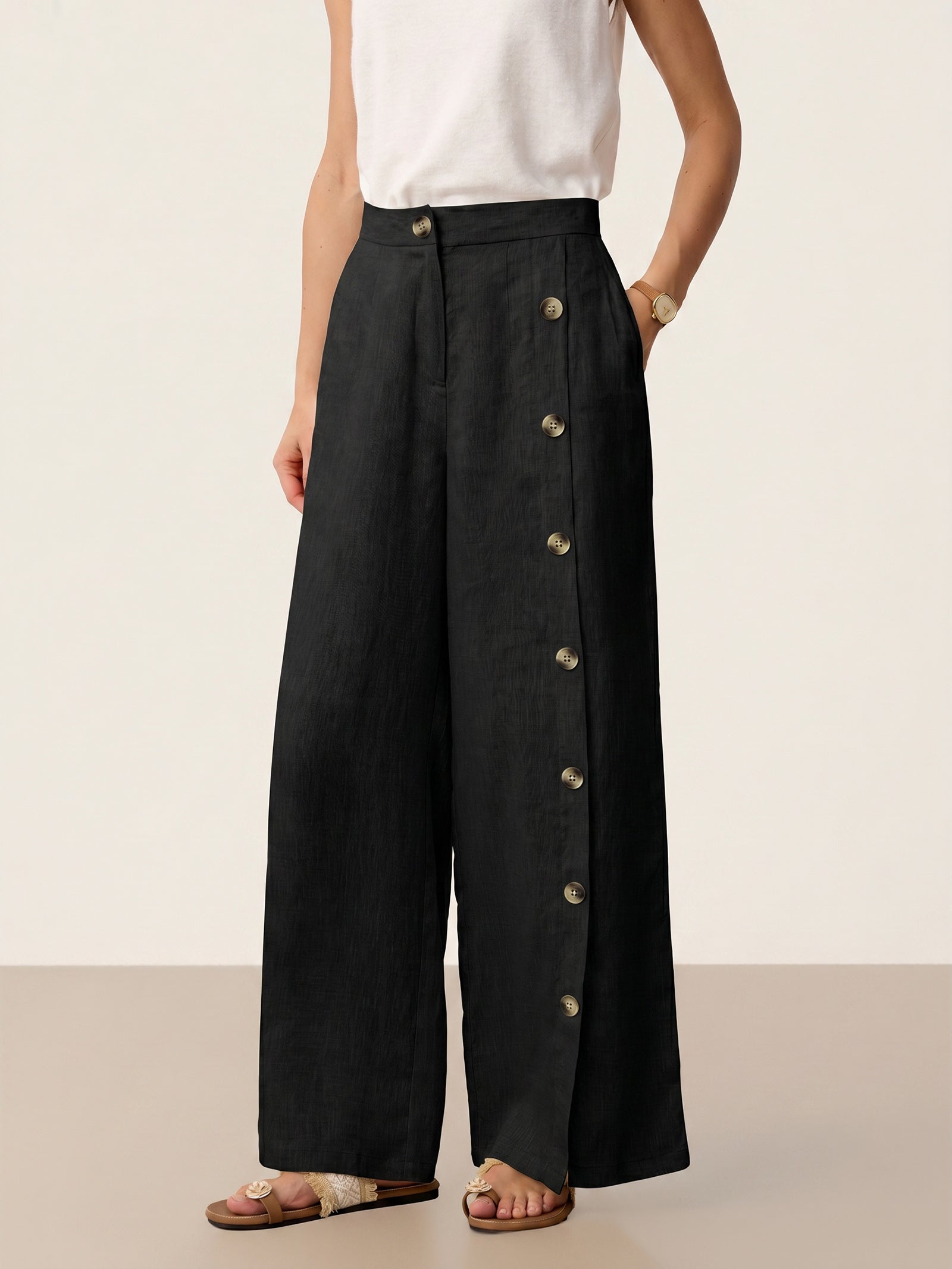 100% Linen Buttoned Slit-Hem Pants KATYA by LINTICO for women