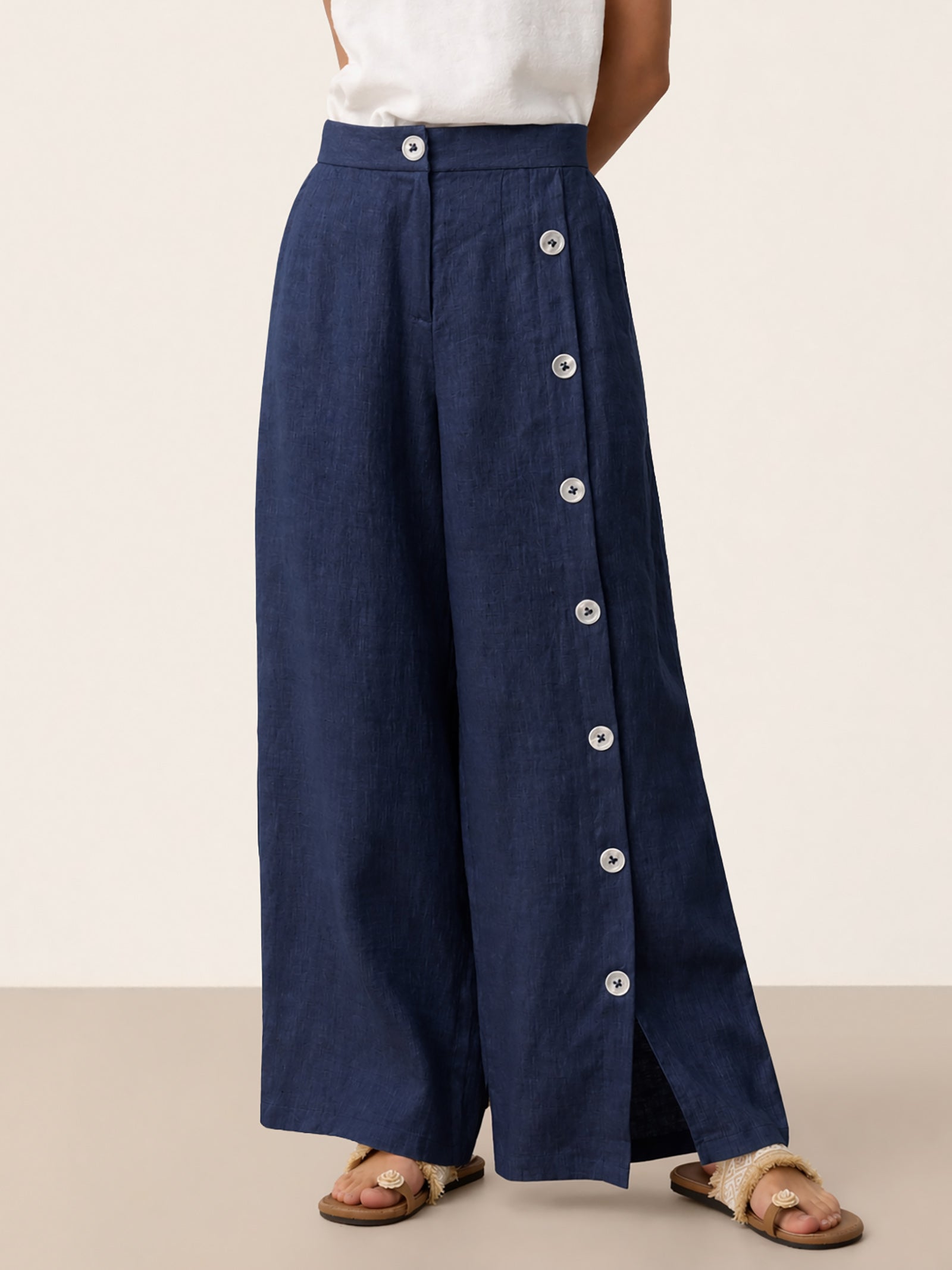 100% Linen Buttoned Slit-Hem Pants KATYA by LINTICO for women