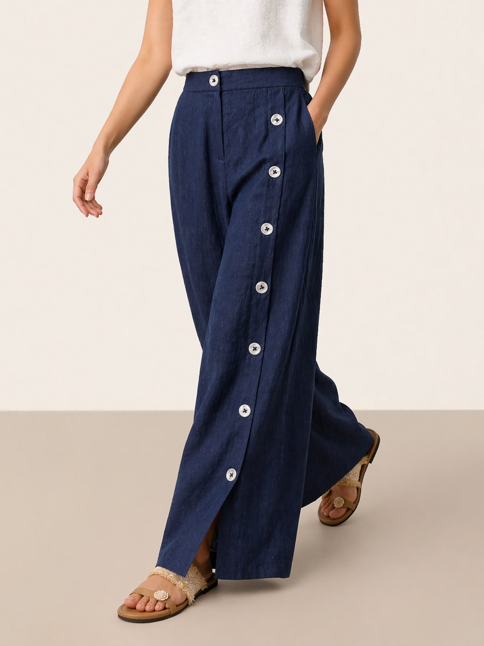 100% Linen Buttoned Slit-Hem Pants KATYA by LINTICO for women
