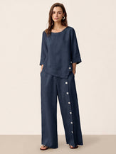 100% Linen Buttoned Slit-Hem Pants KATYA by LINTICO for women
