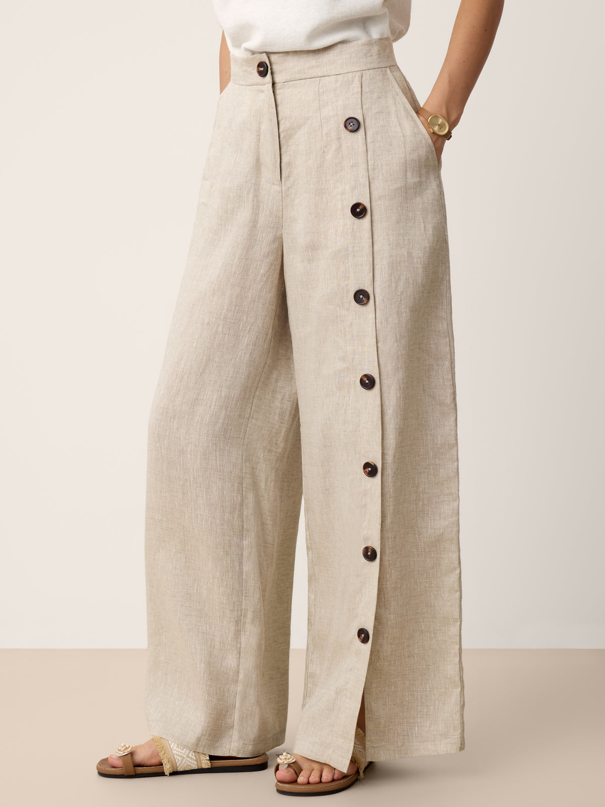 KATYA stone oat linen wide-leg pants with buttoned slit hems