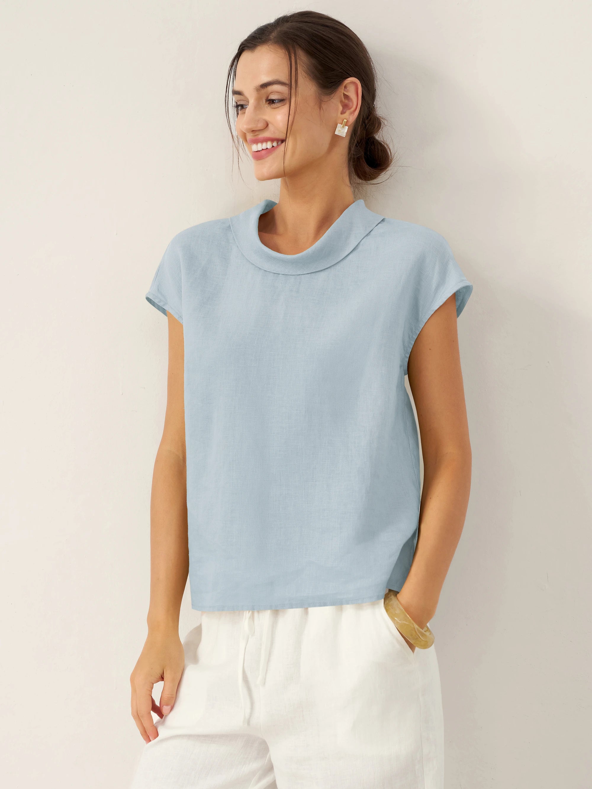 100% Linen Cap Sleeve Soft-Fold Collar Top