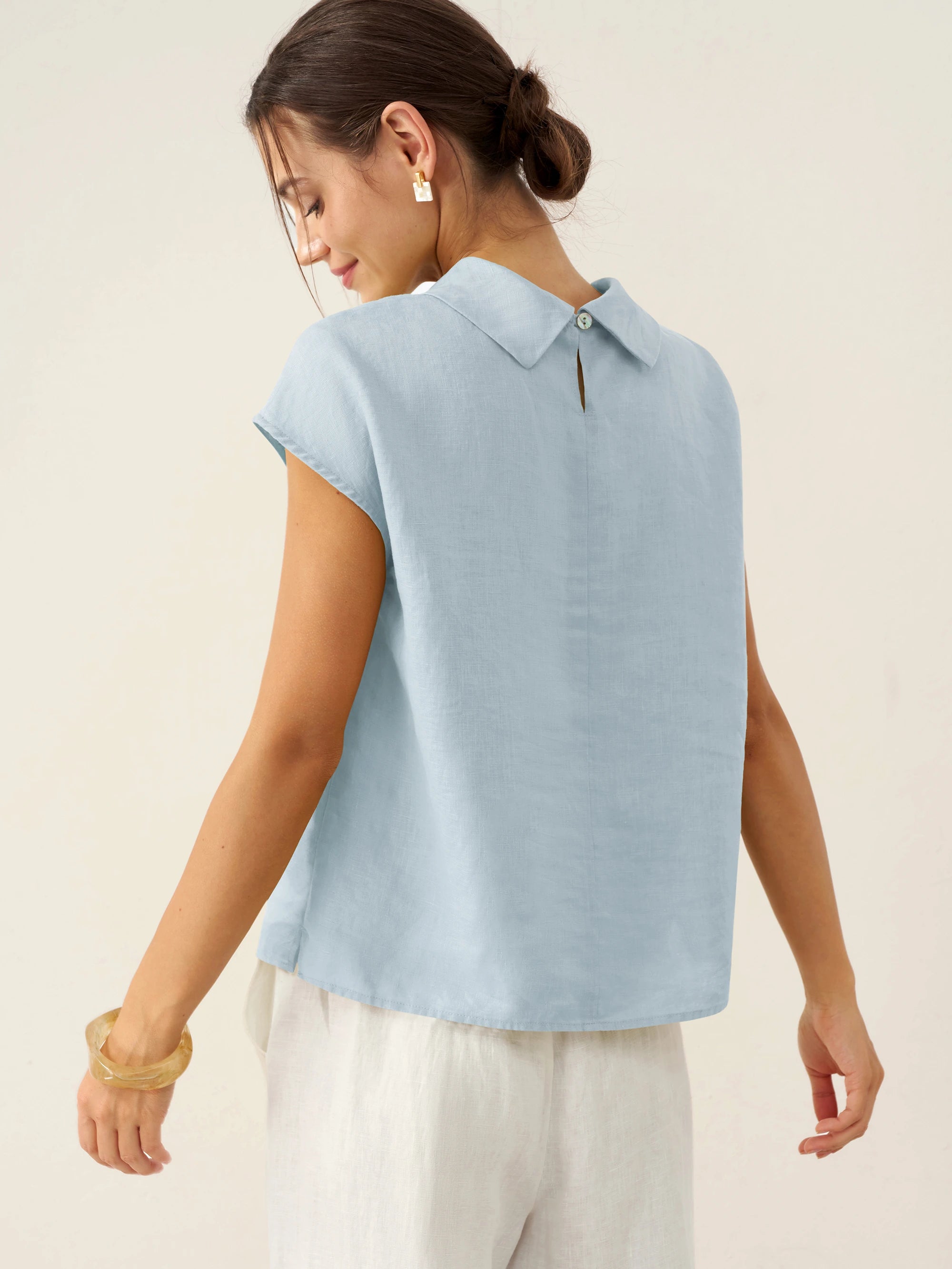 100% Linen Cap Sleeve Soft-Fold Collar Top