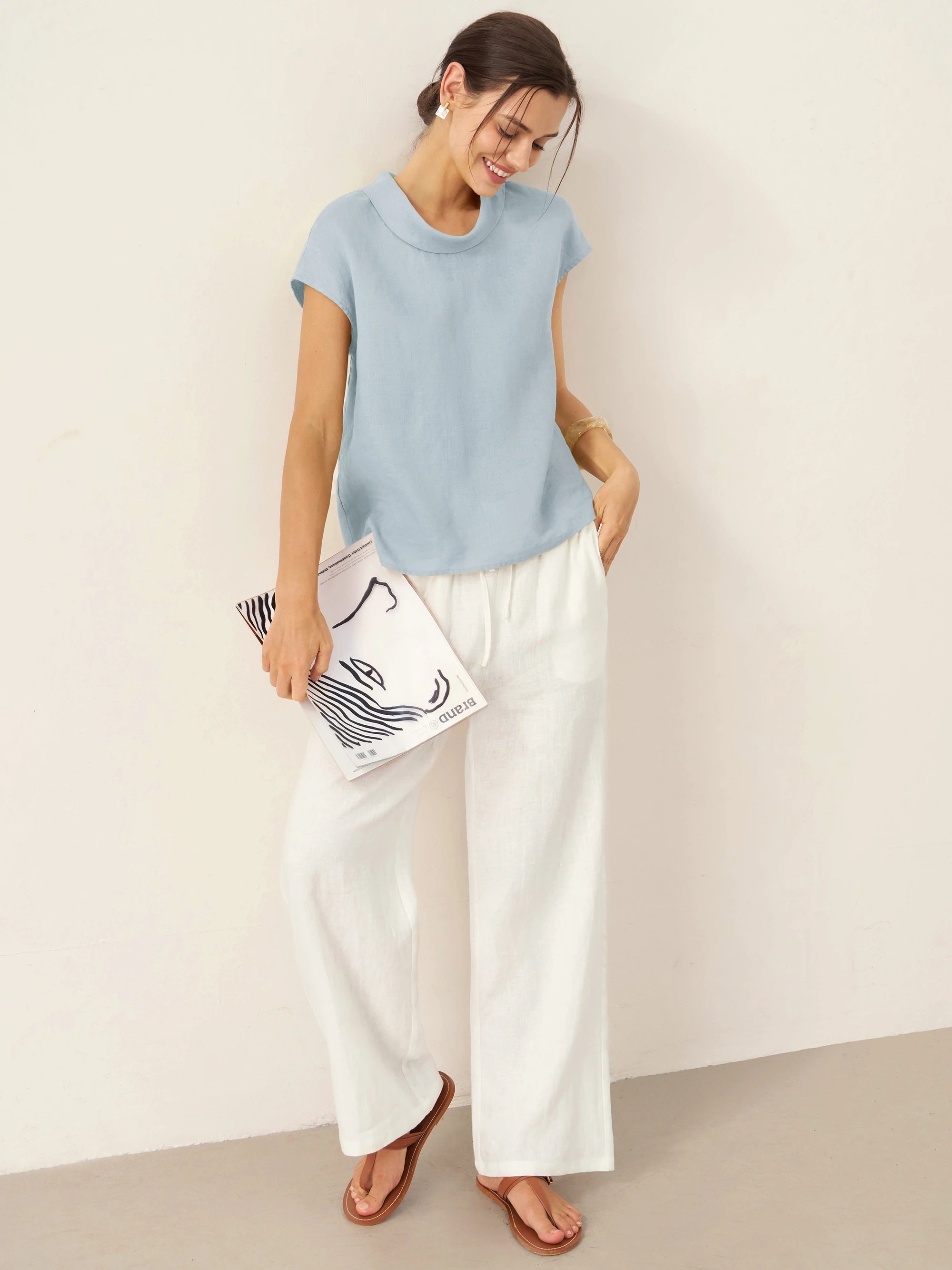 100% Linen Cap Sleeve Soft-Fold Collar Top