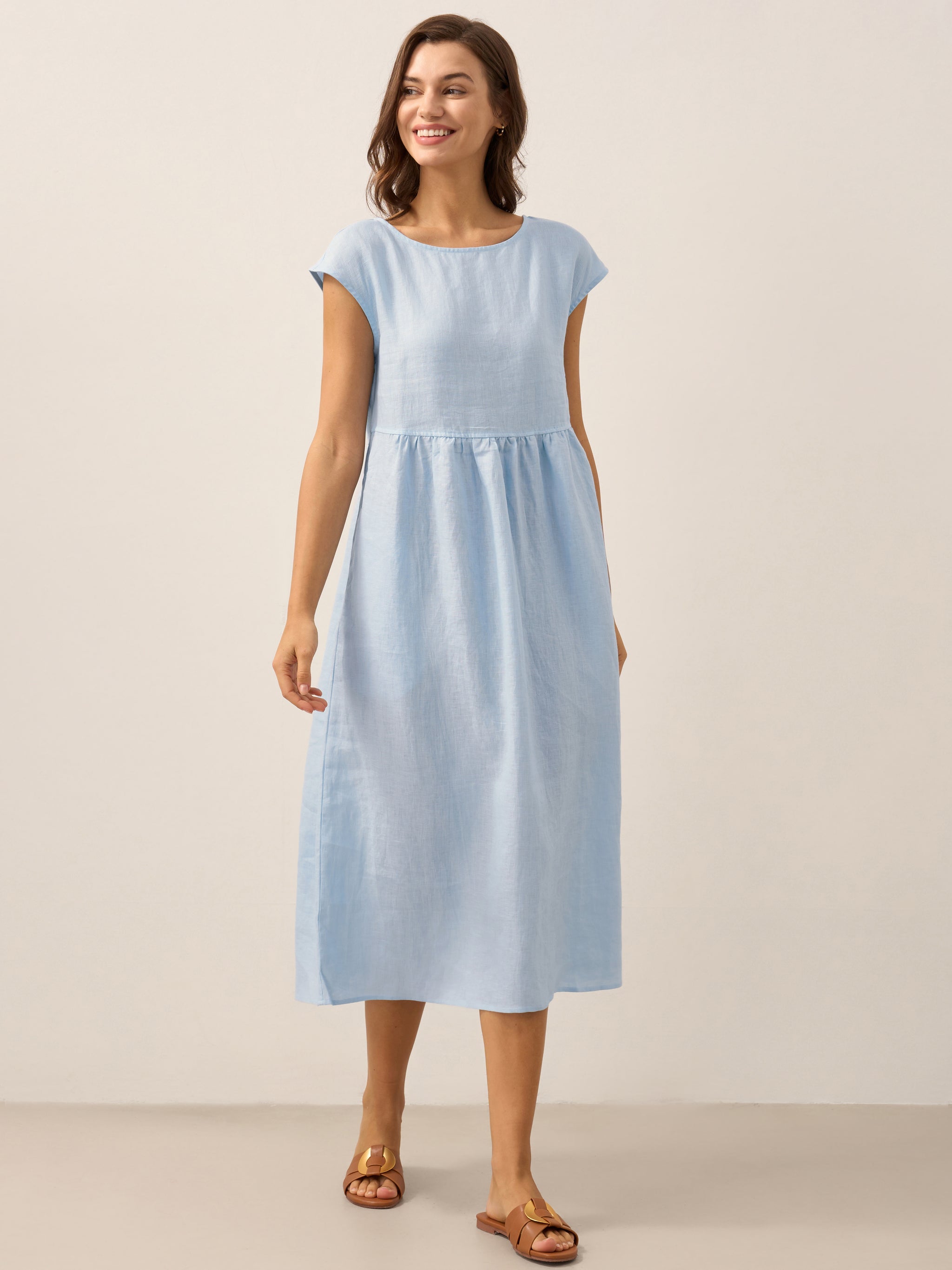 100% Linen Cap Sleeve Washed Maxi Dress JOAN