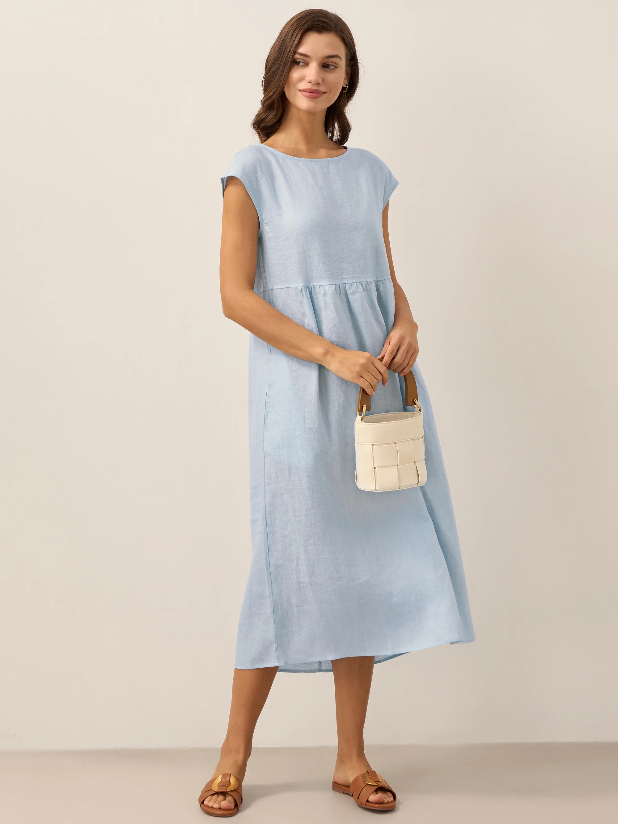 100% Linen Cap Sleeve Washed Maxi Dress JOAN