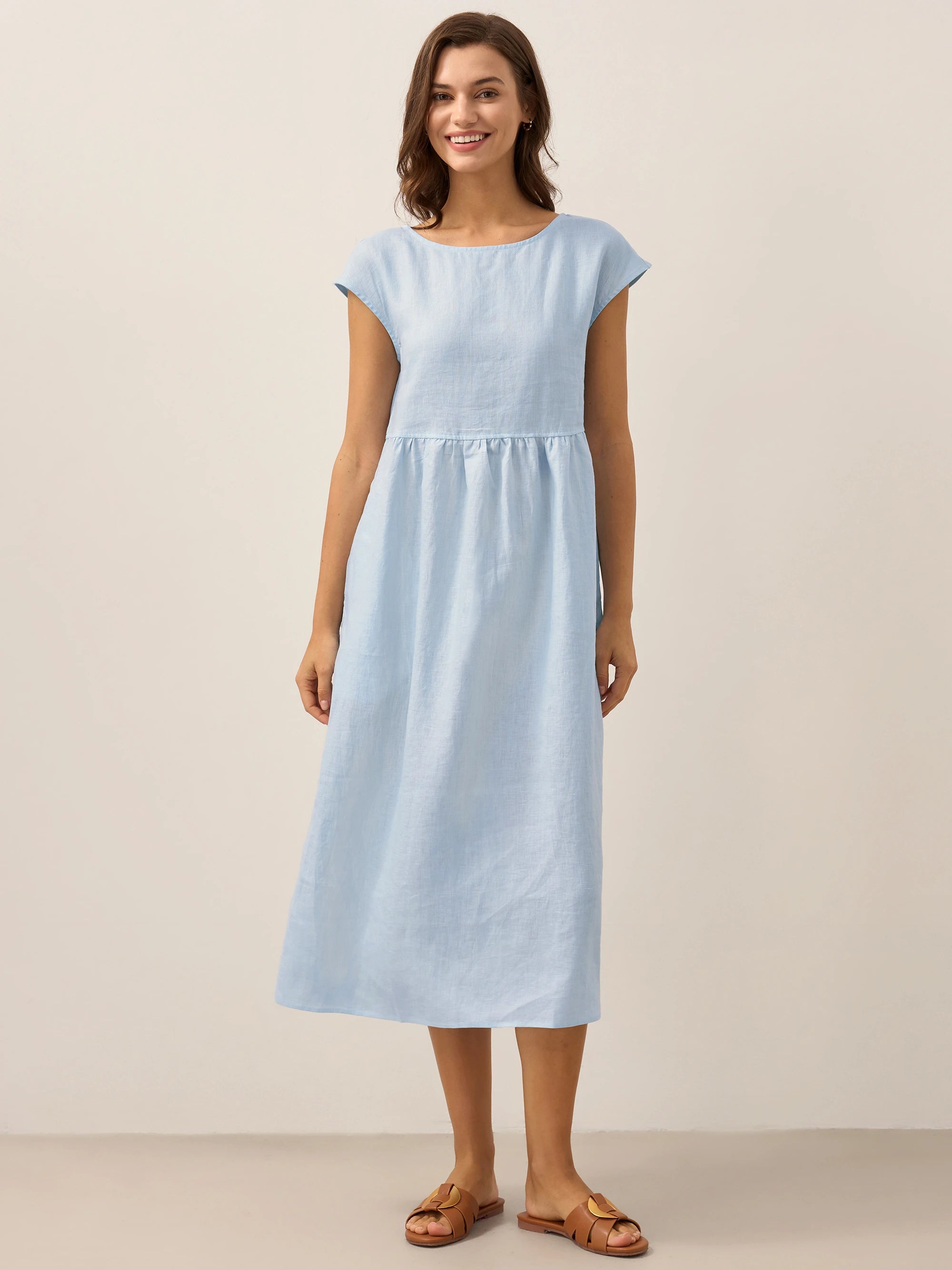 100% Linen Cap Sleeve Washed Maxi Dress JOAN