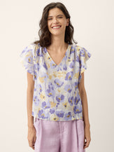 100% Linen Carnation Print Flutter Sleeve Top ELEANORA by LINTICO for women