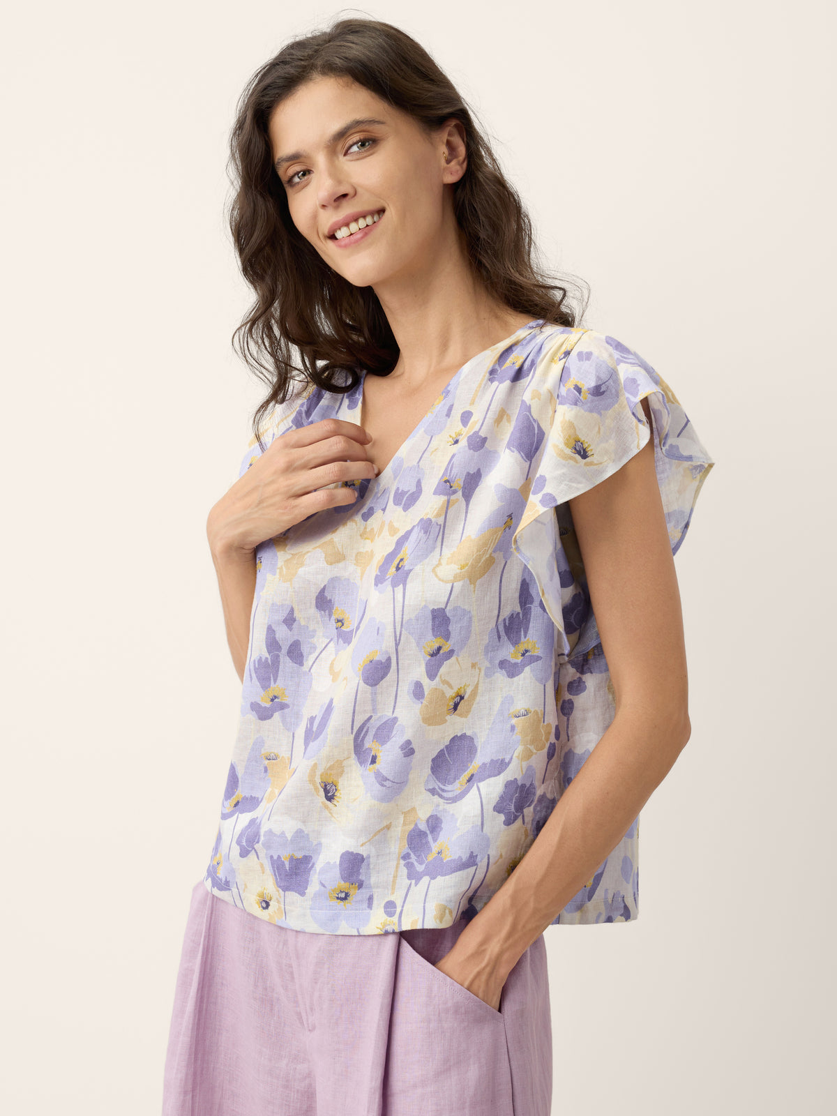 100% Linen Carnation Print Flutter Sleeve Top ELEANORA by LINTICO for women