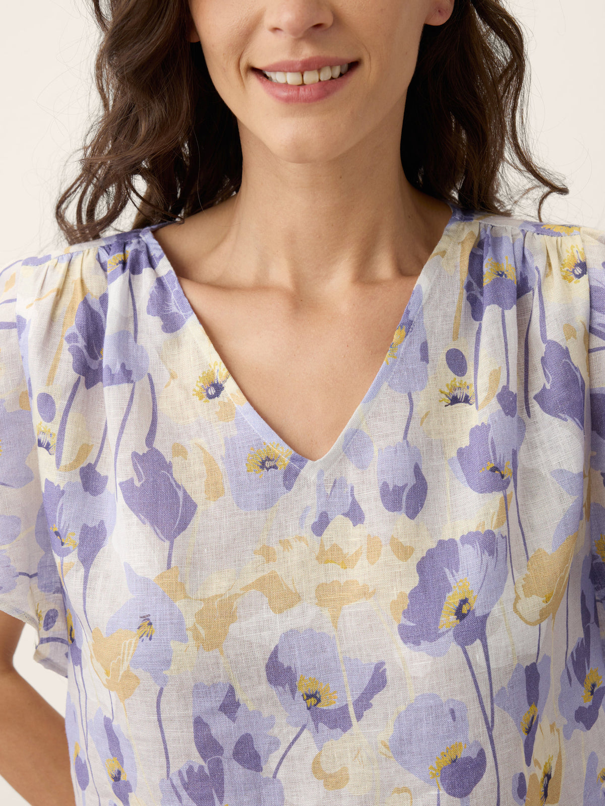 100% Linen Carnation Print Flutter Sleeve Top ELEANORA by LINTICO for women