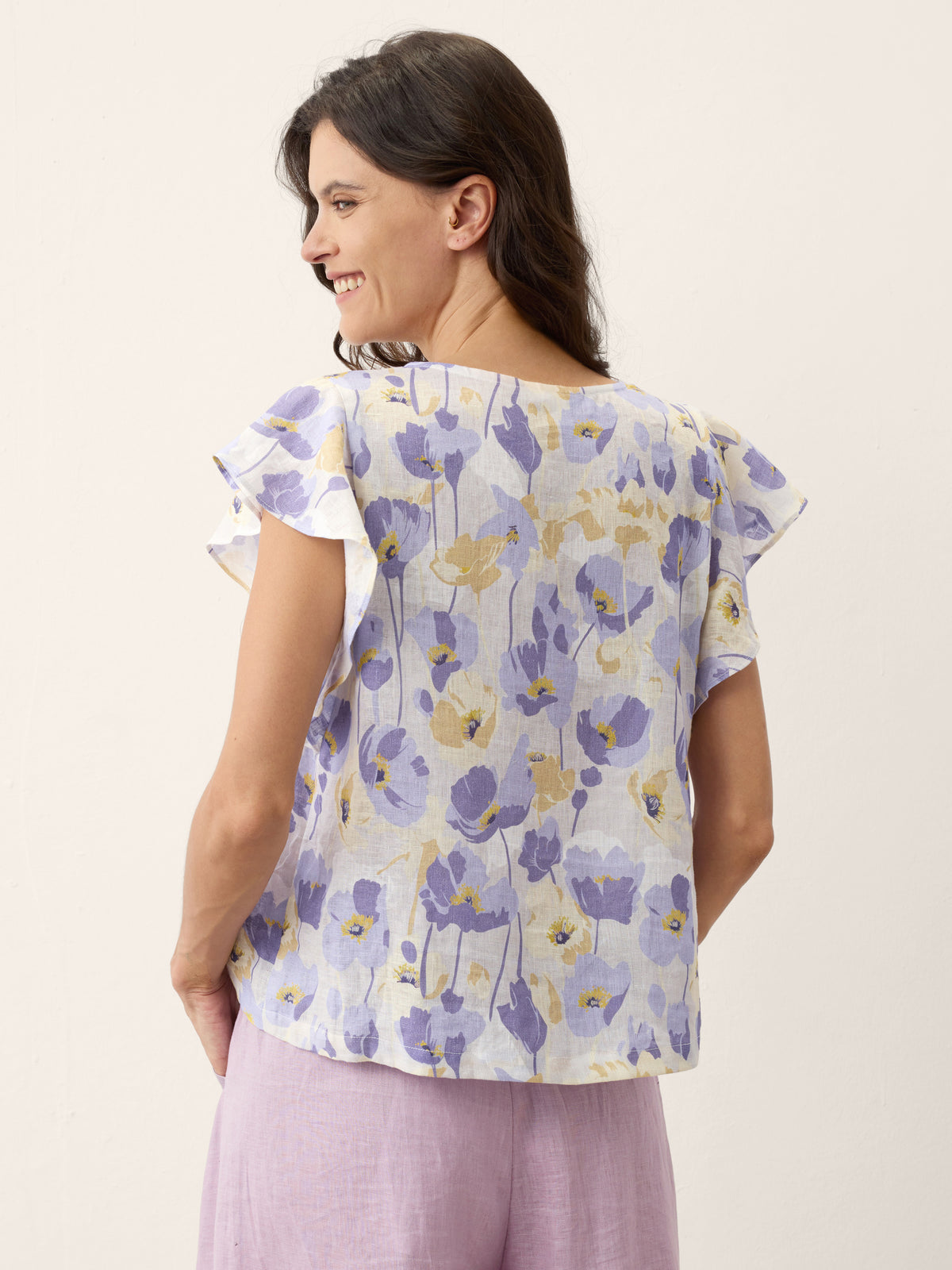 100% Linen Carnation Print Flutter Sleeve Top ELEANORA by LINTICO for women