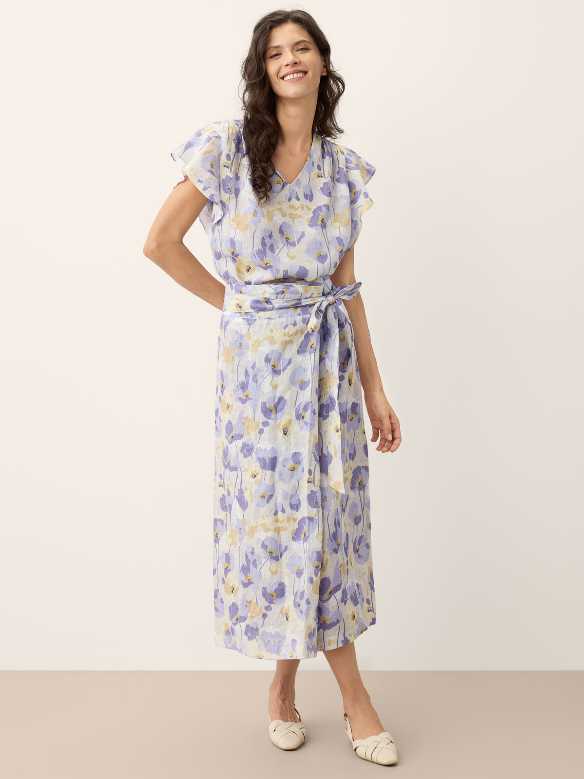 100% Linen Carnation Print Flutter Sleeve Top ELEANORA by LINTICO for women