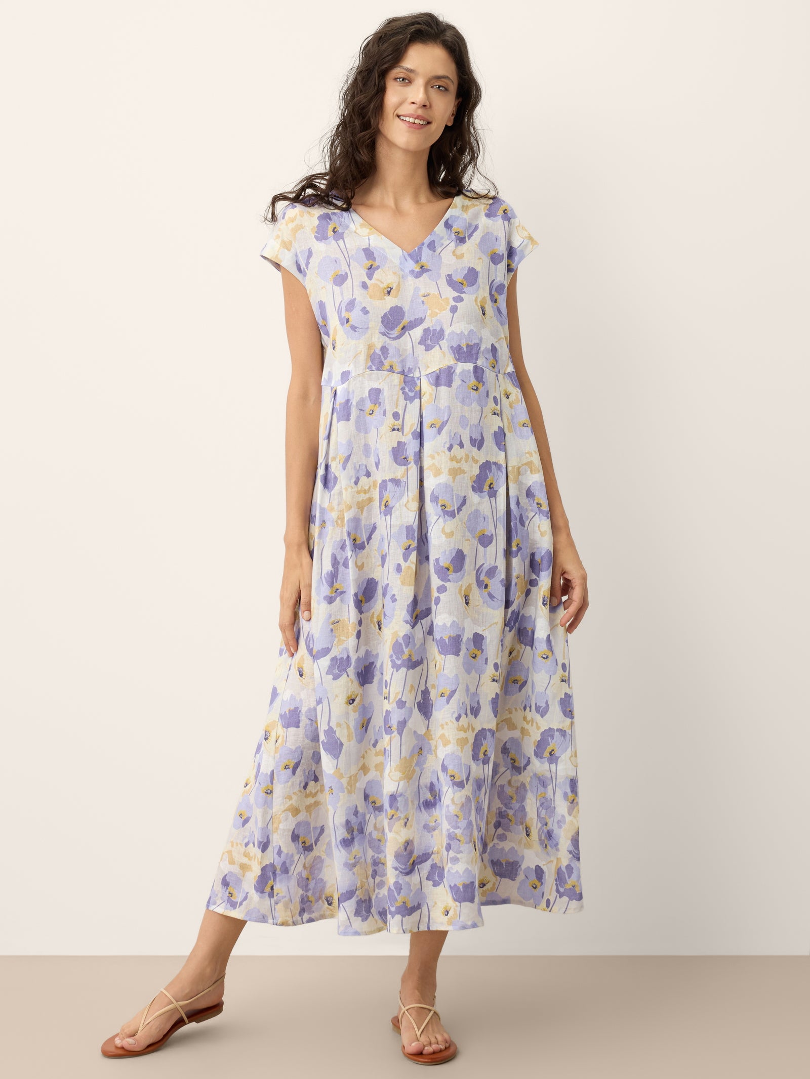100% Linen Carnation Print Scalloped Waist Maxi Dress HARRIET by LINTICO for women