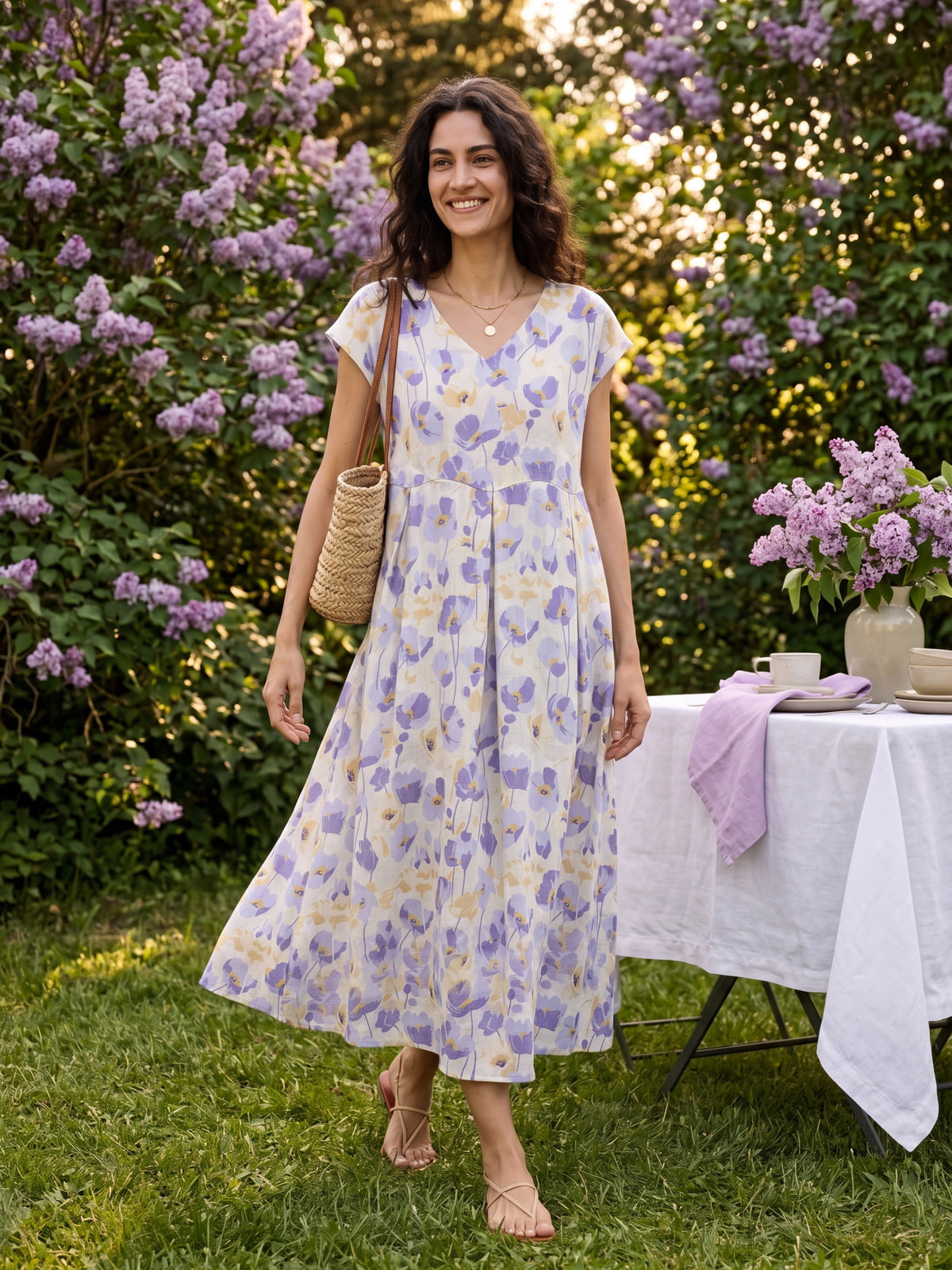 100% Linen Carnation Print Scalloped Waist Maxi Dress HARRIET by LINTICO for women