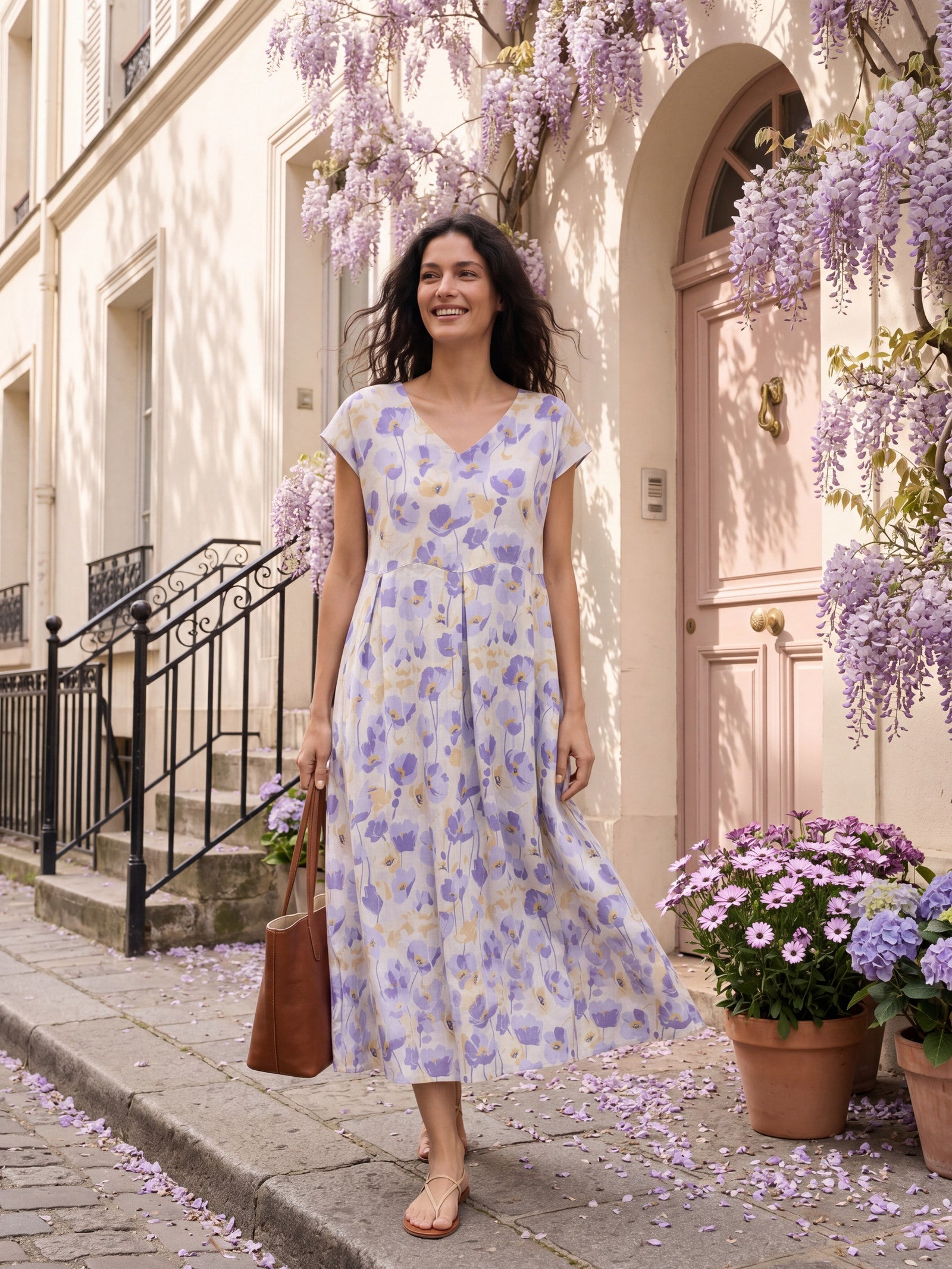 lintico linen dress 100% Carnation Print Scalloped Waist Maxi HARRIET V Neck Bright Pink NEWIN_RTW Discover effortless style with COLOR:IVORY