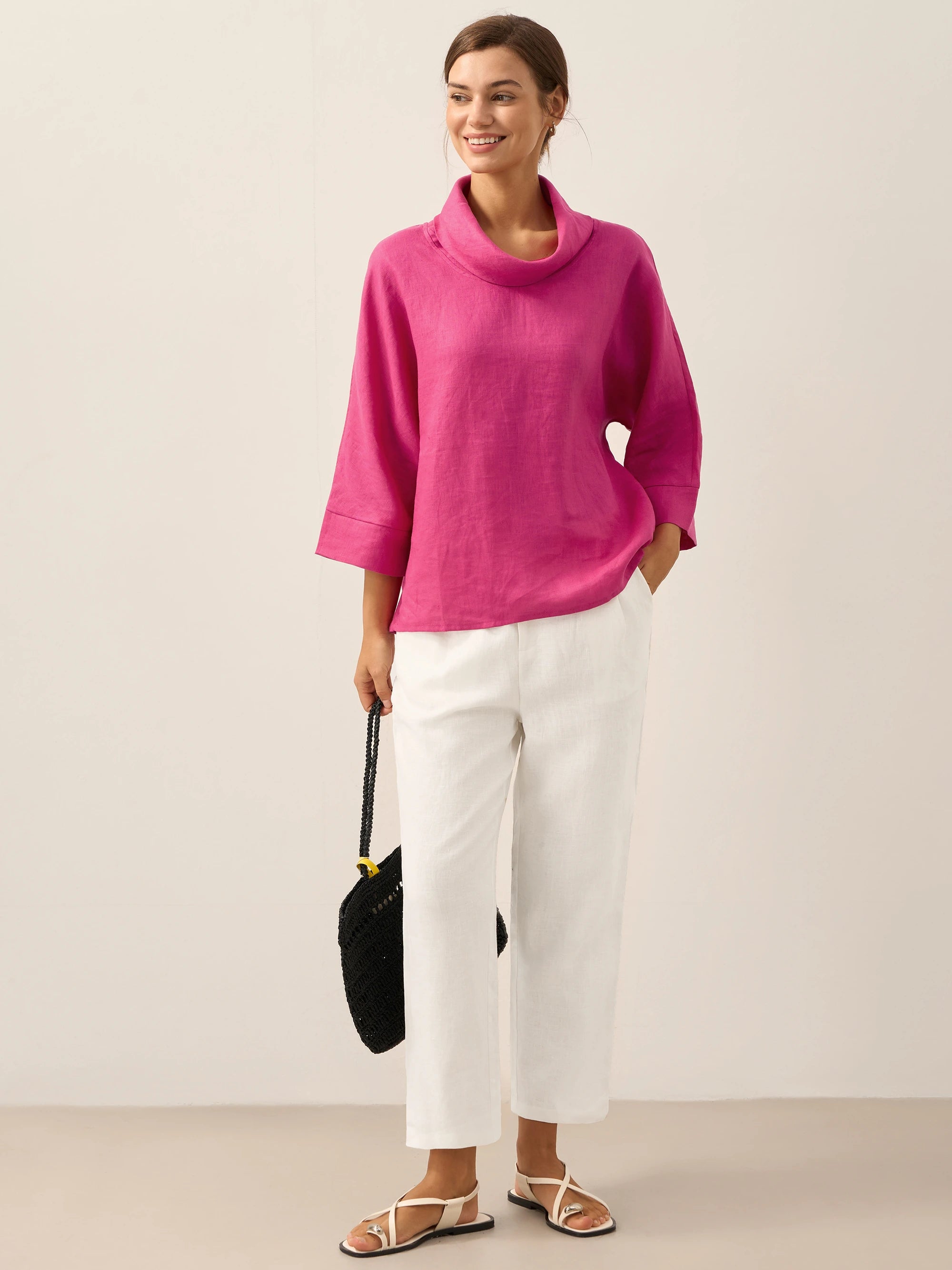 100% Linen Dropped Collar Long-Sleeve Top TRISTAN