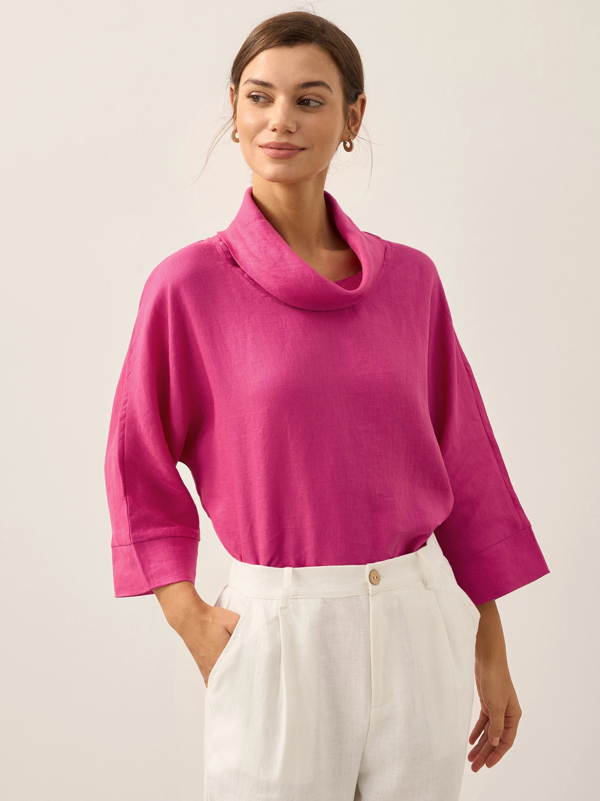 100% Linen Dropped Collar Long-Sleeve Top TRISTAN