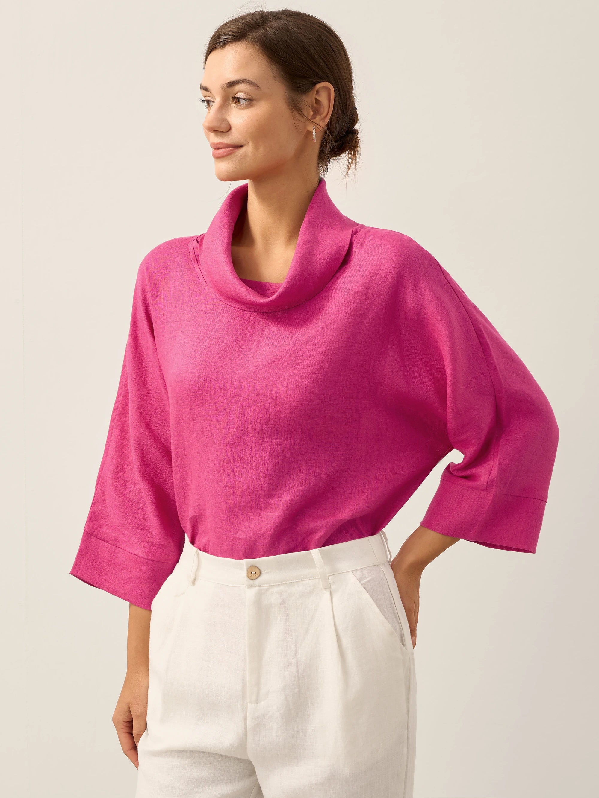 100% Linen Dropped Collar Long-Sleeve Top TRISTAN