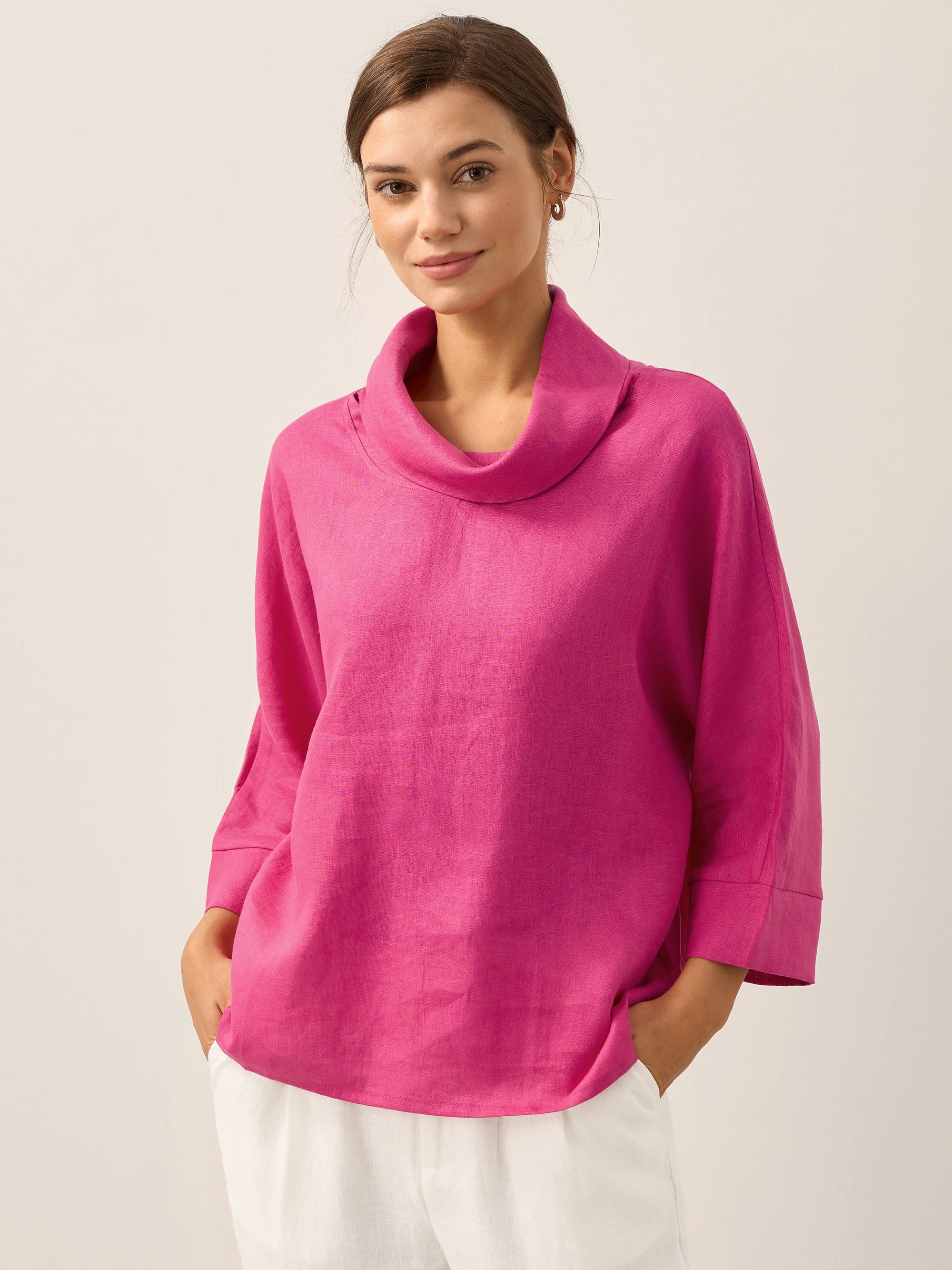 100% Linen Dropped Collar Long-Sleeve Top TRISTAN