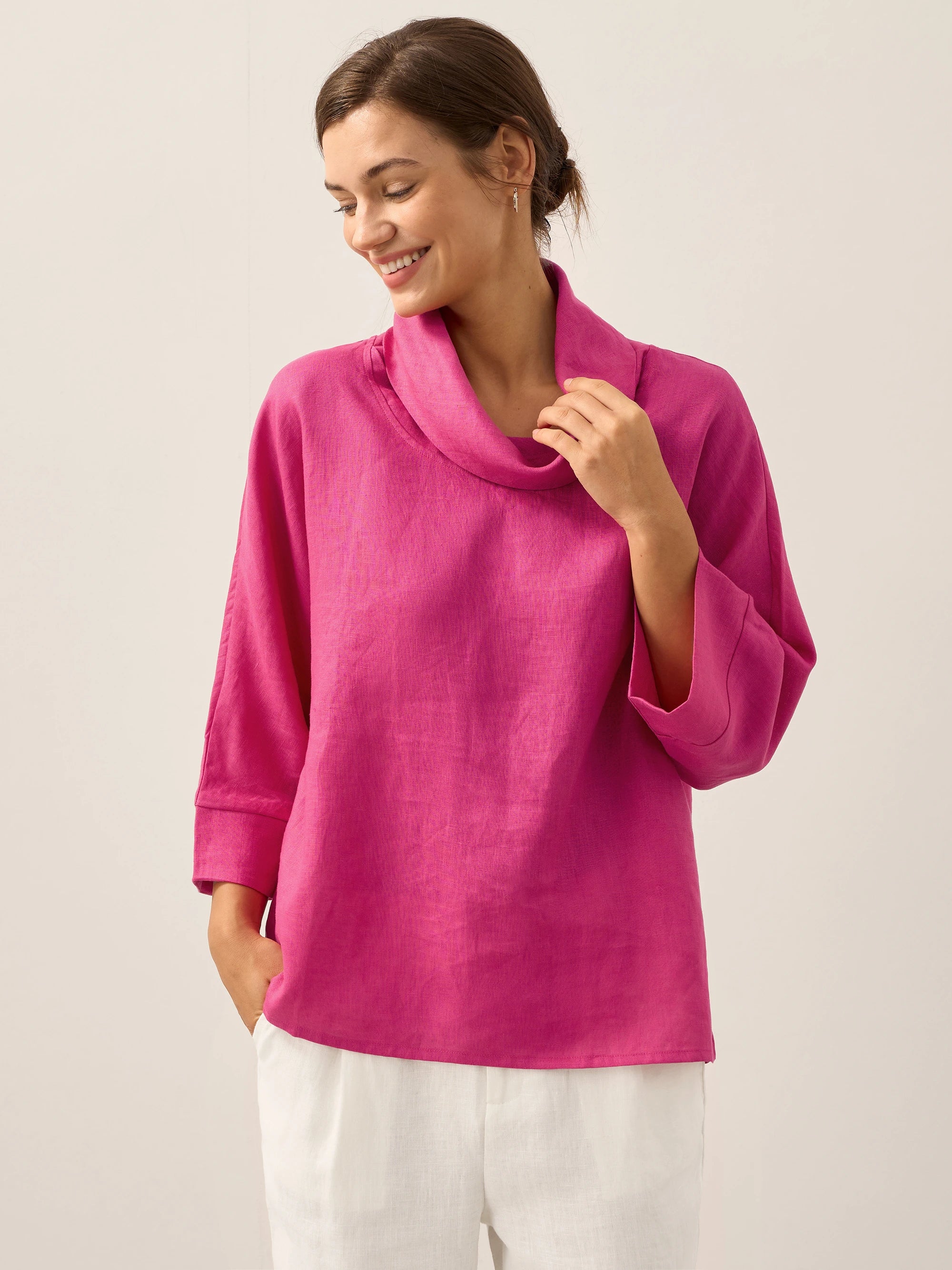 100% Linen Dropped Collar Long-Sleeve Top TRISTAN