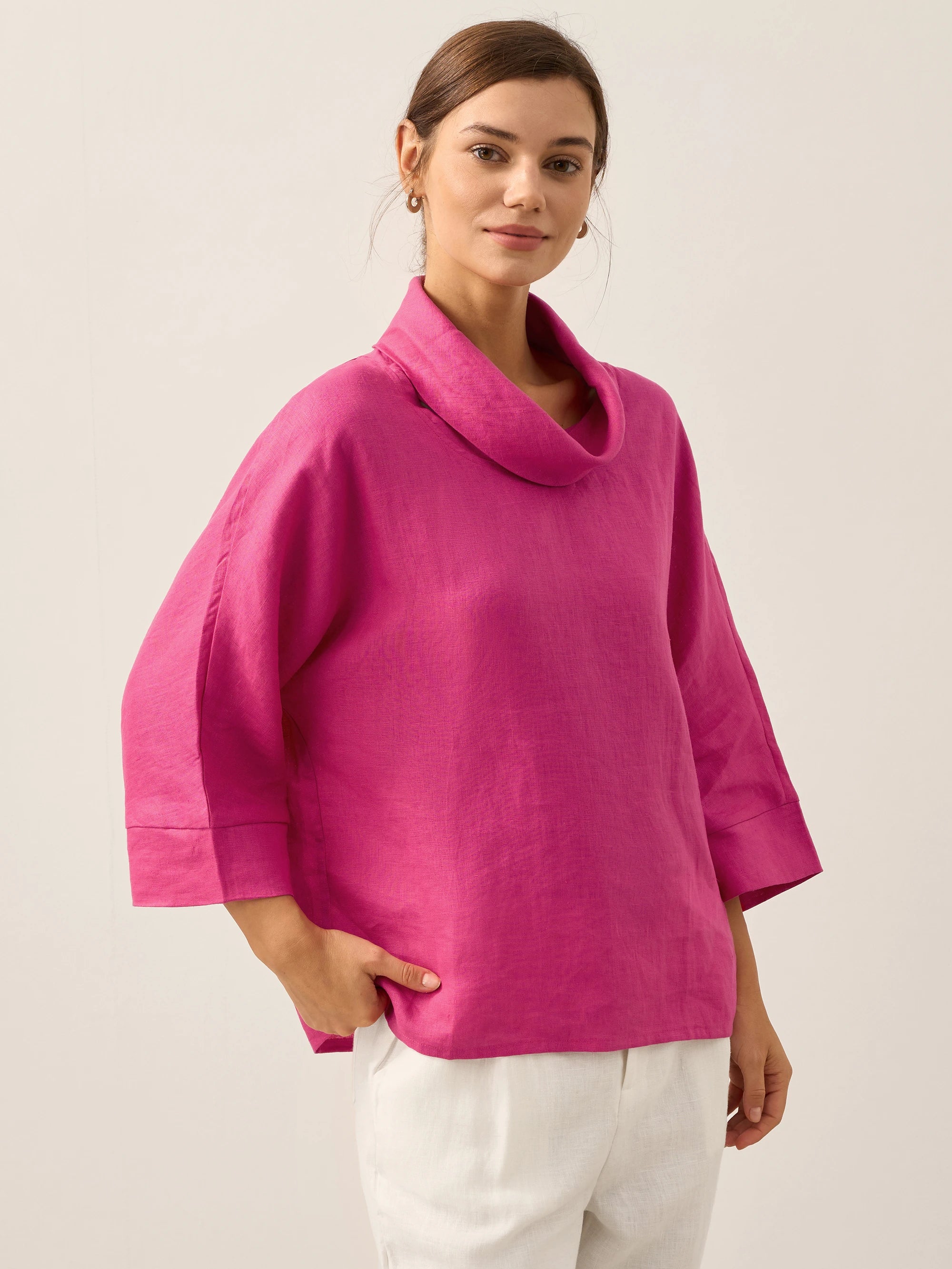 100% Linen Dropped Collar Long-Sleeve Top TRISTAN