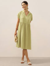 Robe midi trapèze femme SAGE 100% lin à col et taille plissée par LINTICO