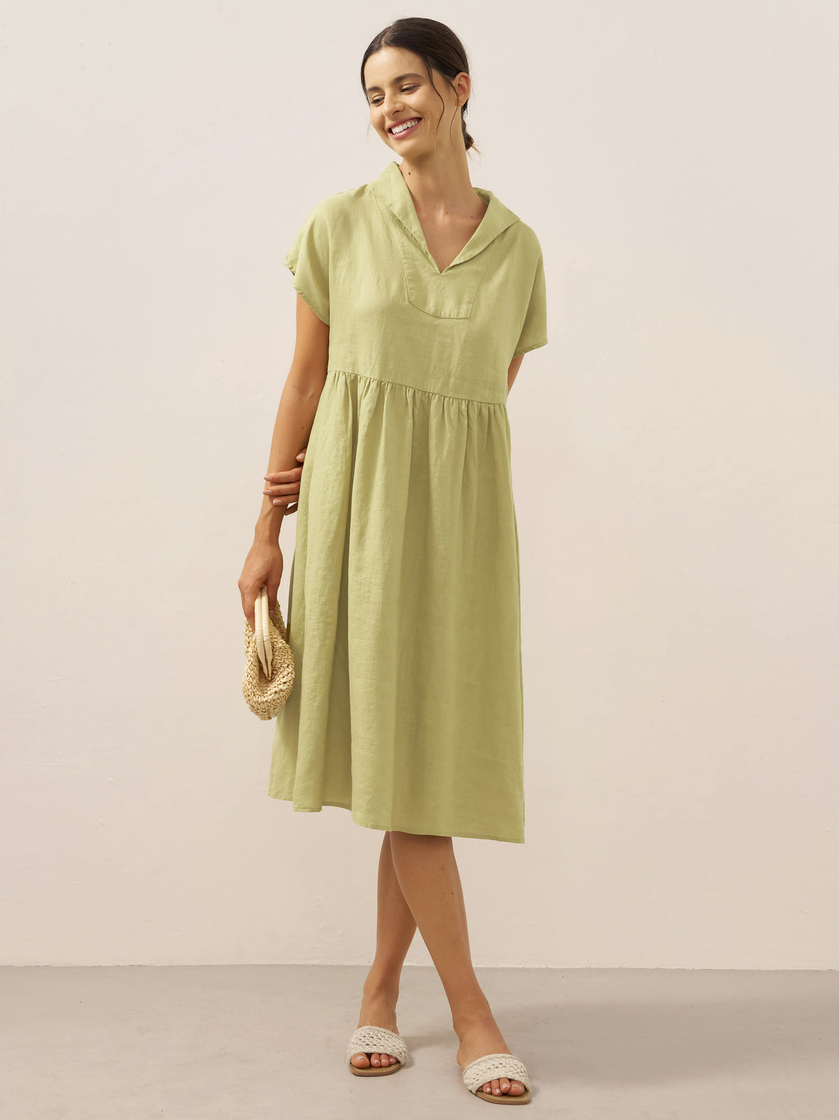 Robe midi trapèze femme SAGE 100% lin à col et taille plissée par LINTICO