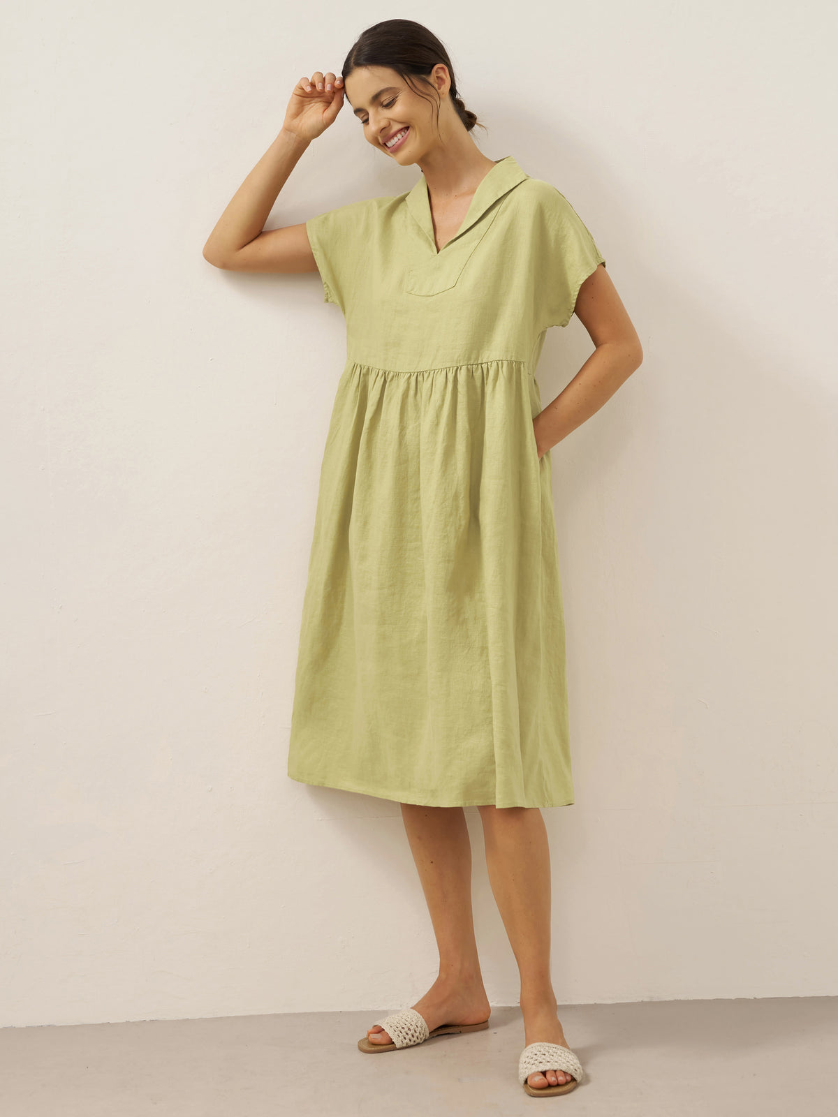 Robe midi trapèze femme SAGE 100% lin à col et taille plissée par LINTICO