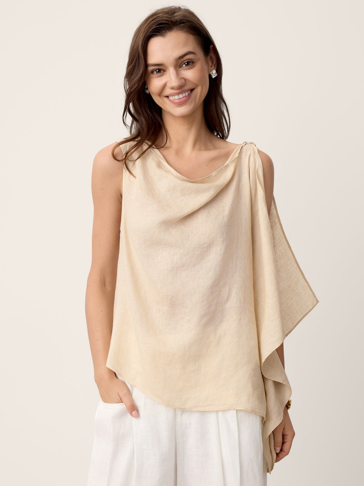 100% Linen Cowl Neck Asymmetric Top LEVINA