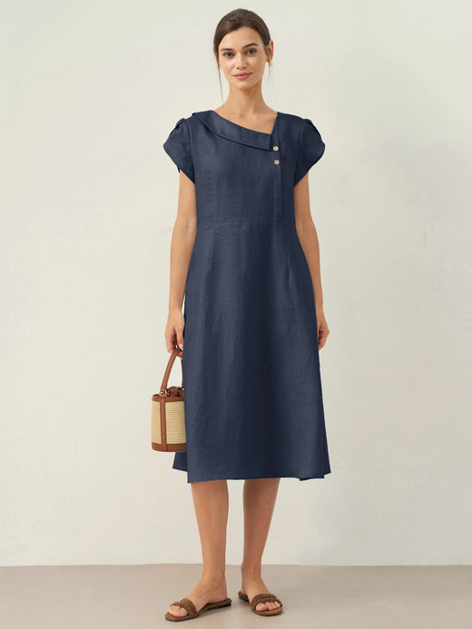 100% Linen Crescent Collar Flutter Sleeve Mini Dress FIONA