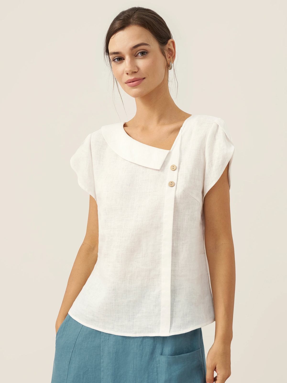 100% Linen Crescent Collar Flutter Sleeve Top FARA by LINTICO for women