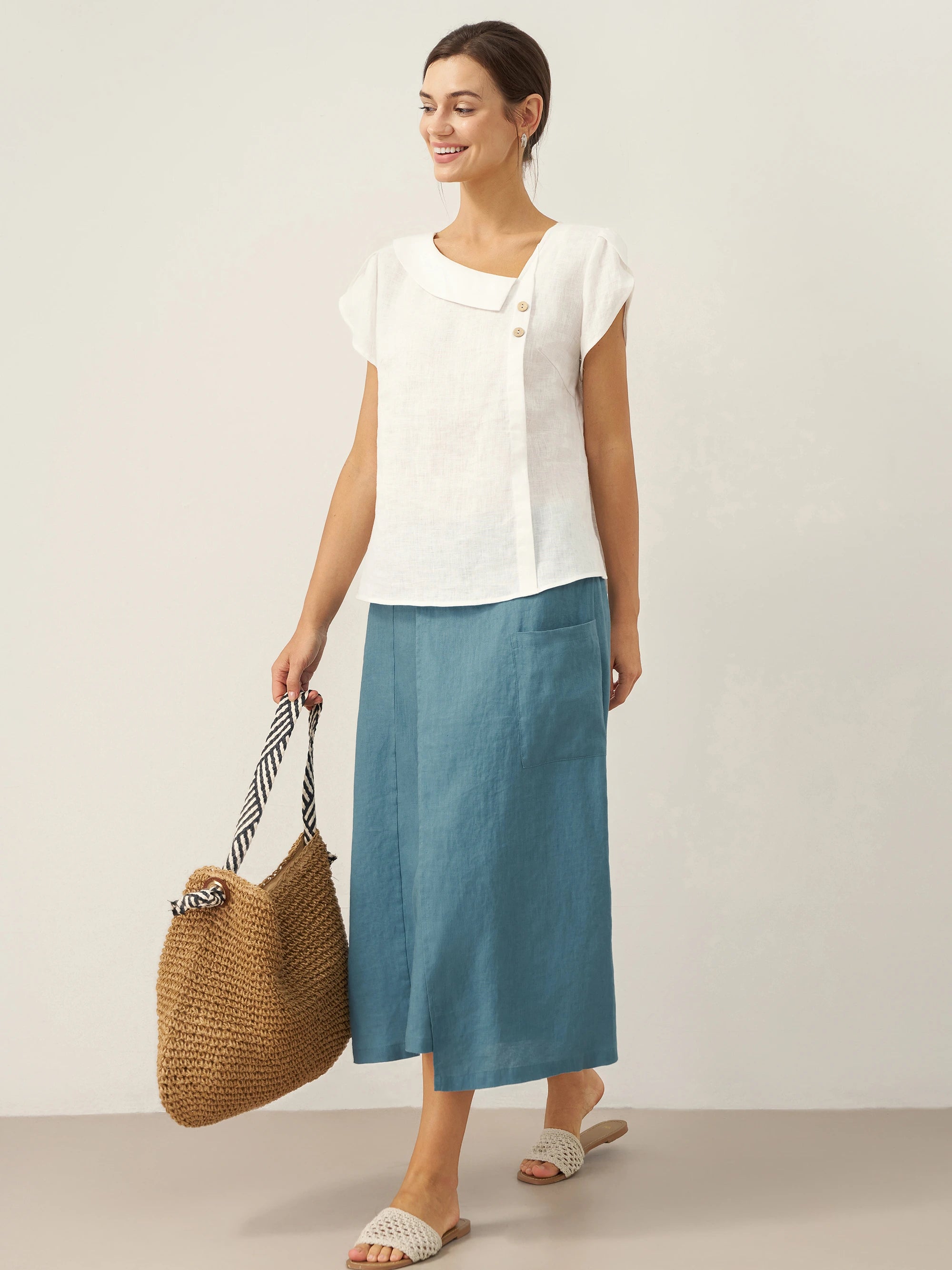 100% Linen Crescent Collar Flutter Sleeve Top Fara
