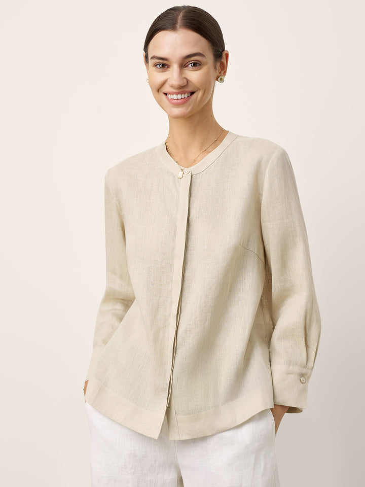 100% Linen Hidden Button Crew Neck Shirt INES