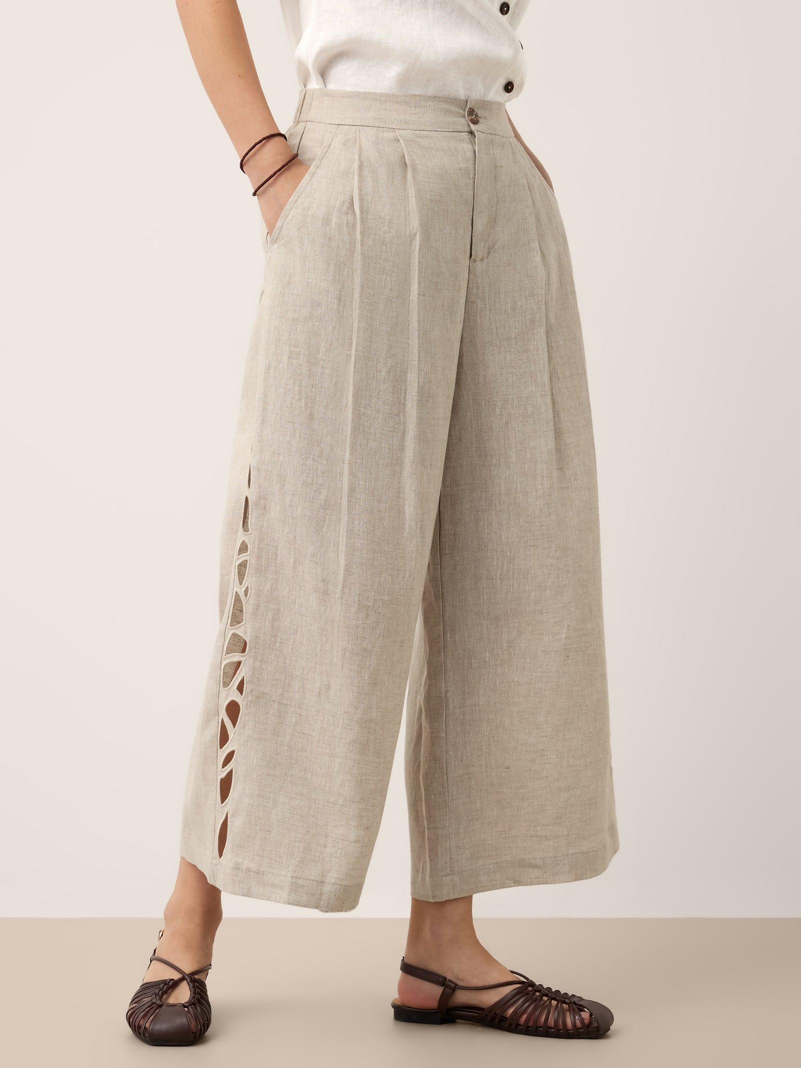 100% Linen Cutwork Side Detail Elasticated Waist Cropped Wide Leg Pants RAMONA by LINTICO