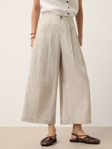100% Linen Cutwork Side Detail Elasticated Waist Cropped Wide Leg Pants RAMONA by LINTICO