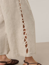 100% Linen Cutwork Side Detail Elasticated Waist Cropped Wide Leg Pants RAMONA by LINTICO