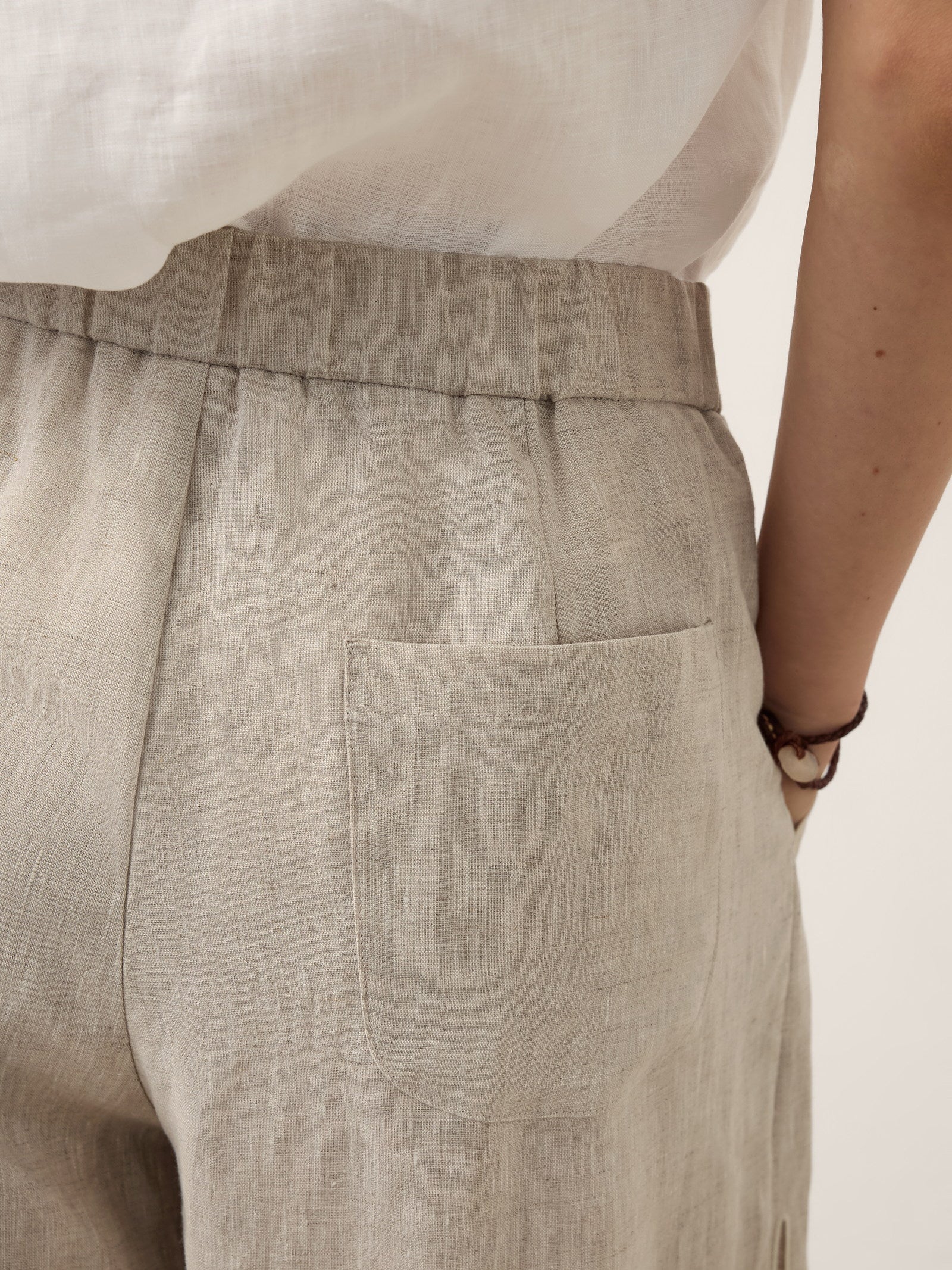 100% Linen Cutwork Side Detail Elasticated Waist Cropped Wide Leg Pants RAMONA by LINTICO