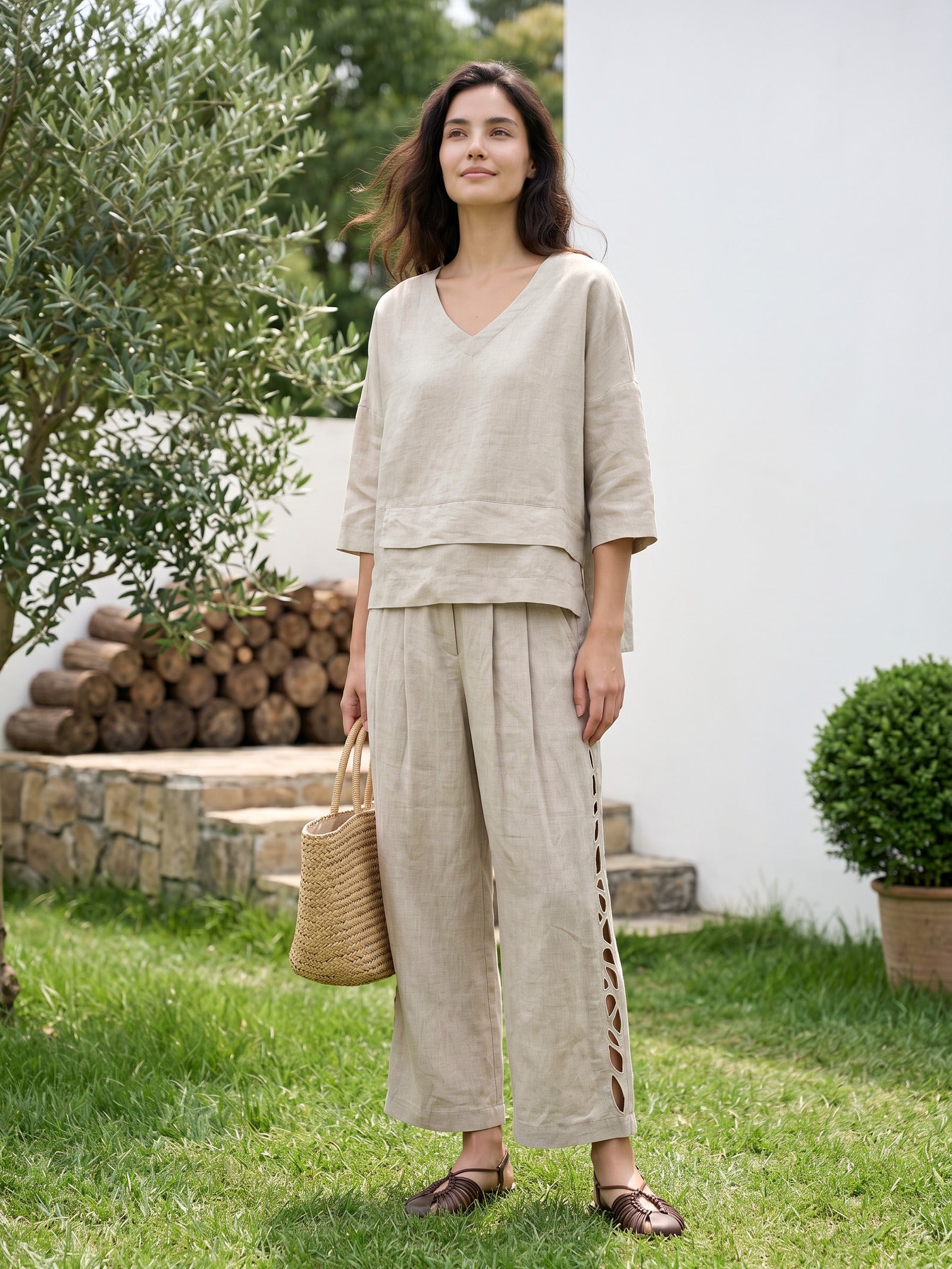 100% Linen Cutwork Side Detail Elasticated Waist Cropped Wide Leg Pants RAMONA by LINTICO