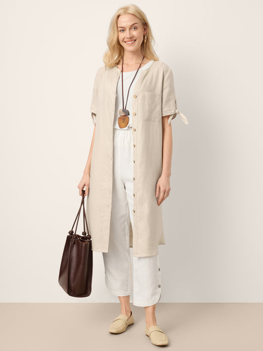 100% Linen Button-Front Tie Cuff V-Neck Shirt Dress HONORIA