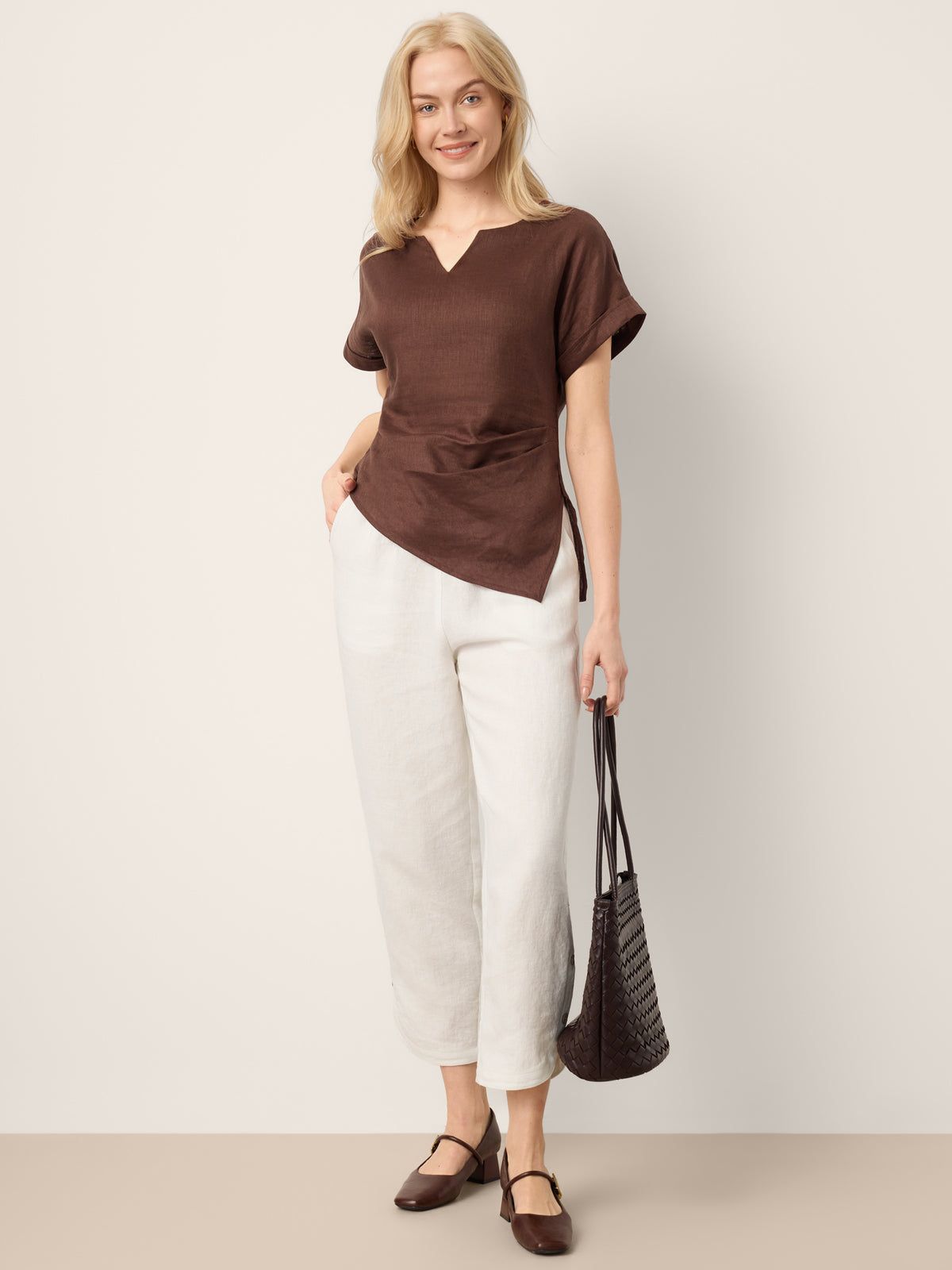 100% Linen Double Pleat Button Hem Pull-On Pants LINDSEY by LINTICO for women