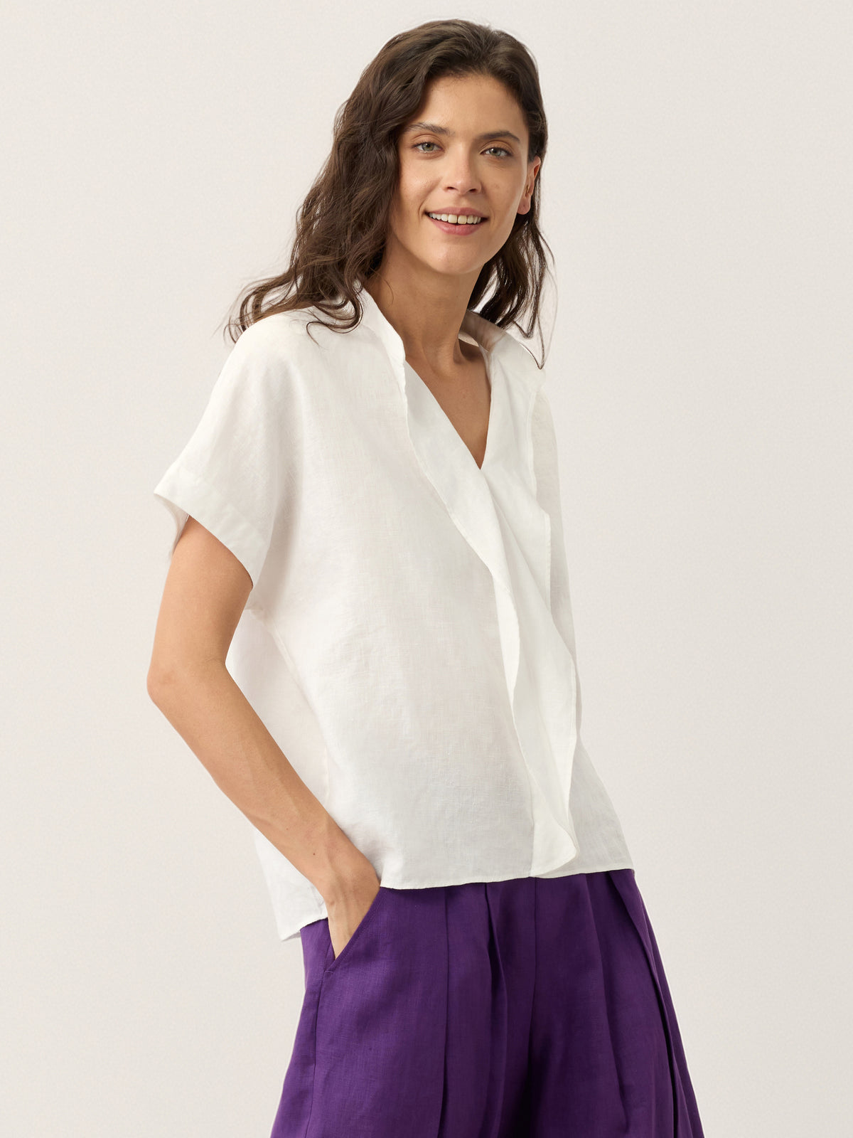 100% Linen Double Ruffle Soft Collar Top VERONICA by LINTICO for women