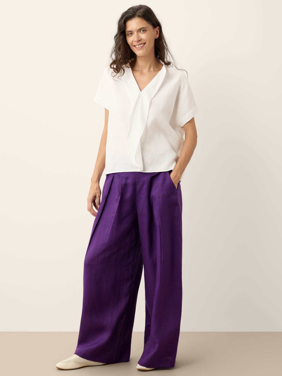 100% Linen Double Ruffle Soft Collar Top VERONICA by LINTICO for women