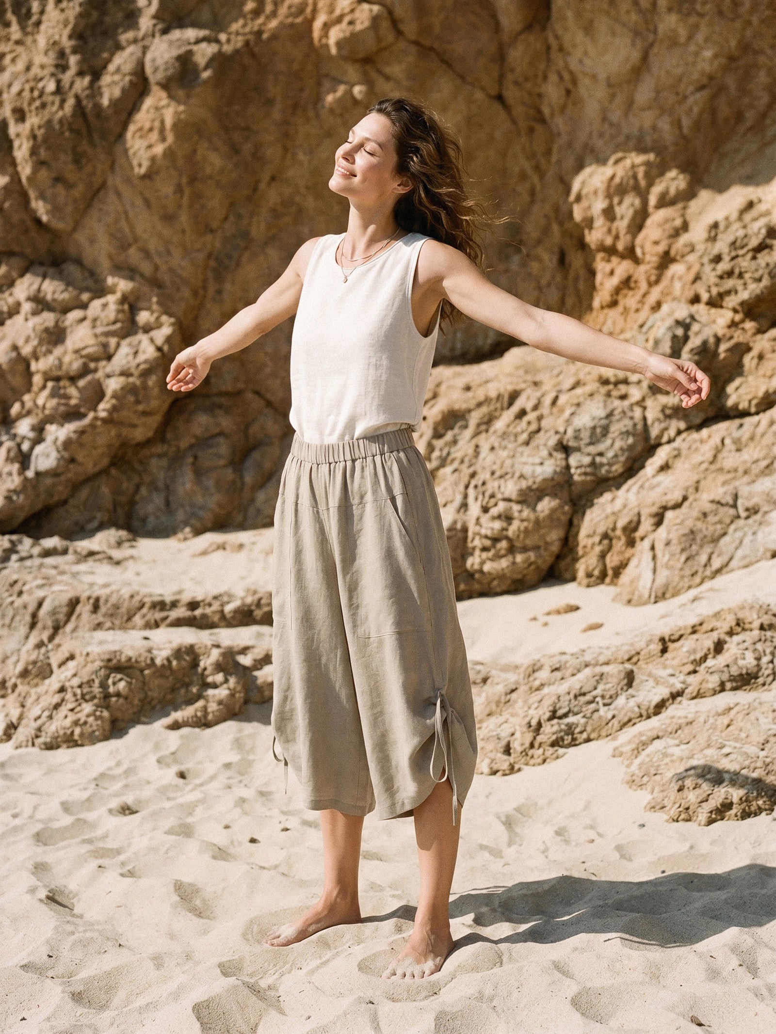 100% Linen Drawstring Hem Elasticated Waist Balloon Pants CALANTHE by LINTICO for women