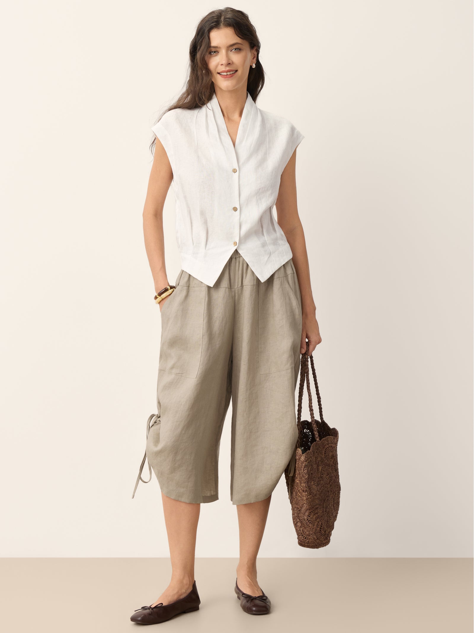100% Linen Drawstring Hem Elasticated Waist Balloon Pants CALANTHE by LINTICO for women