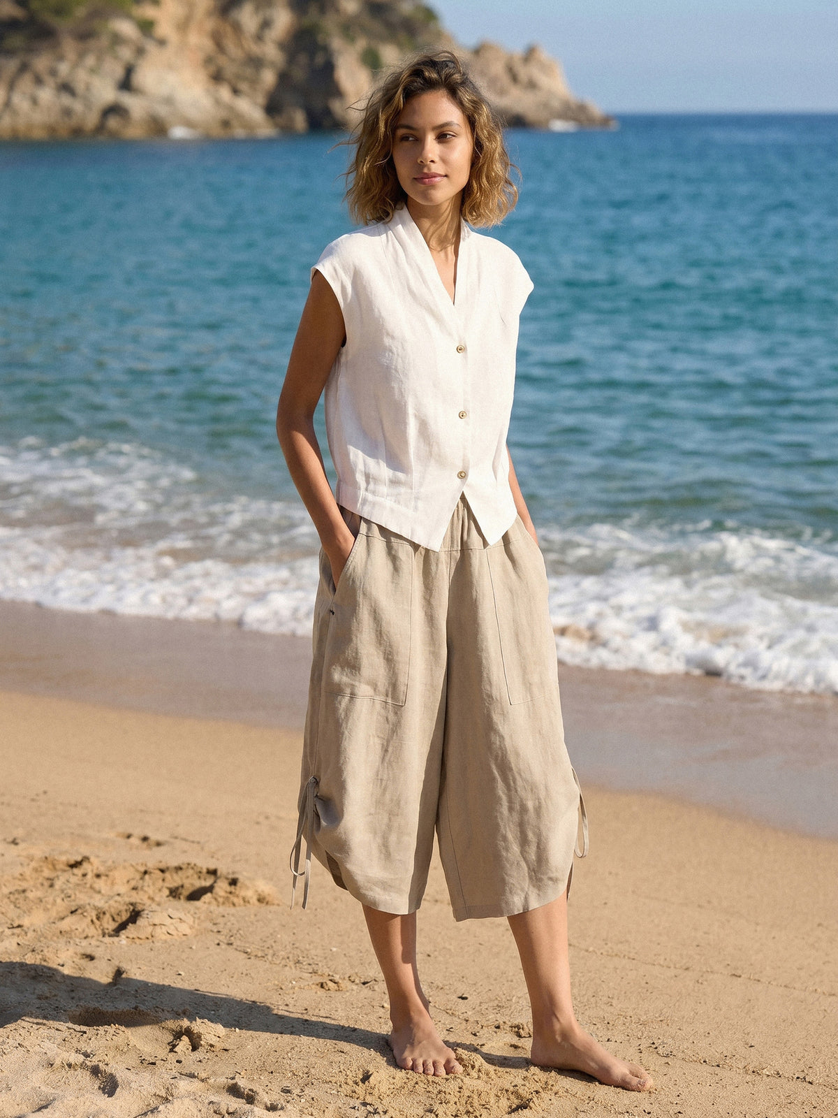 CALANTHE taupe khaki linen balloon pants for a relaxed summer outfit