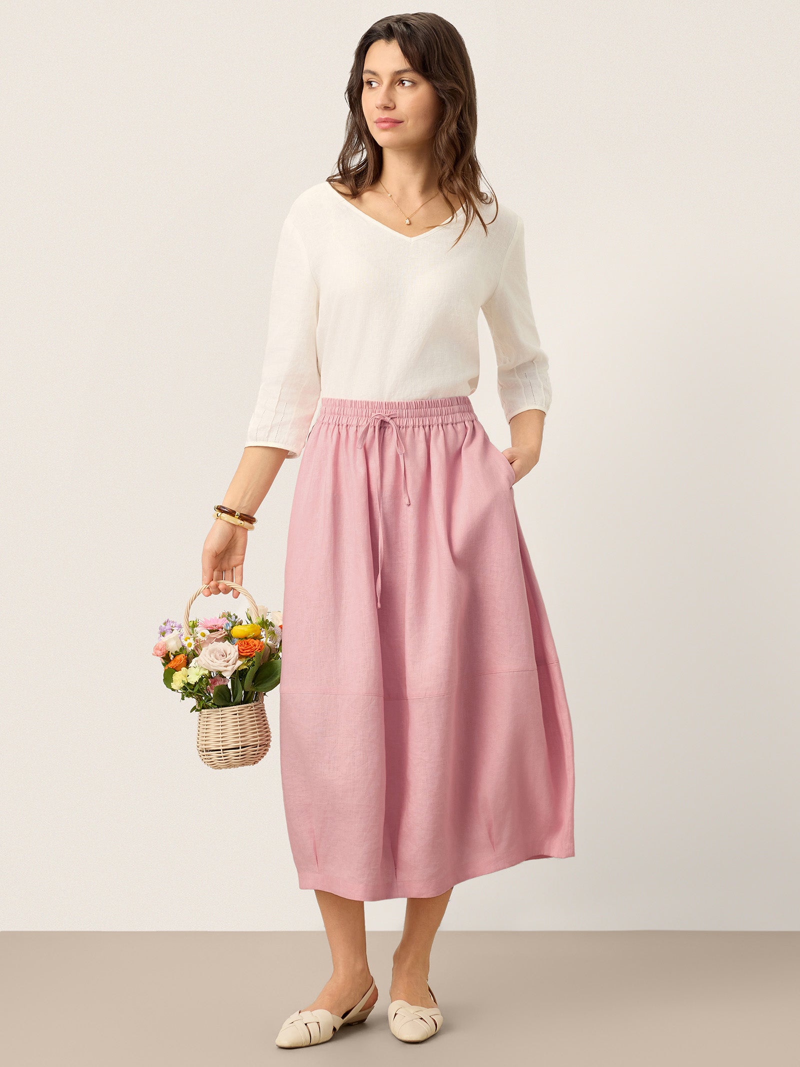 100% Linen Drawstring Lantern Maxi Skirt with Pockets ROXANNE by LINTICO for women