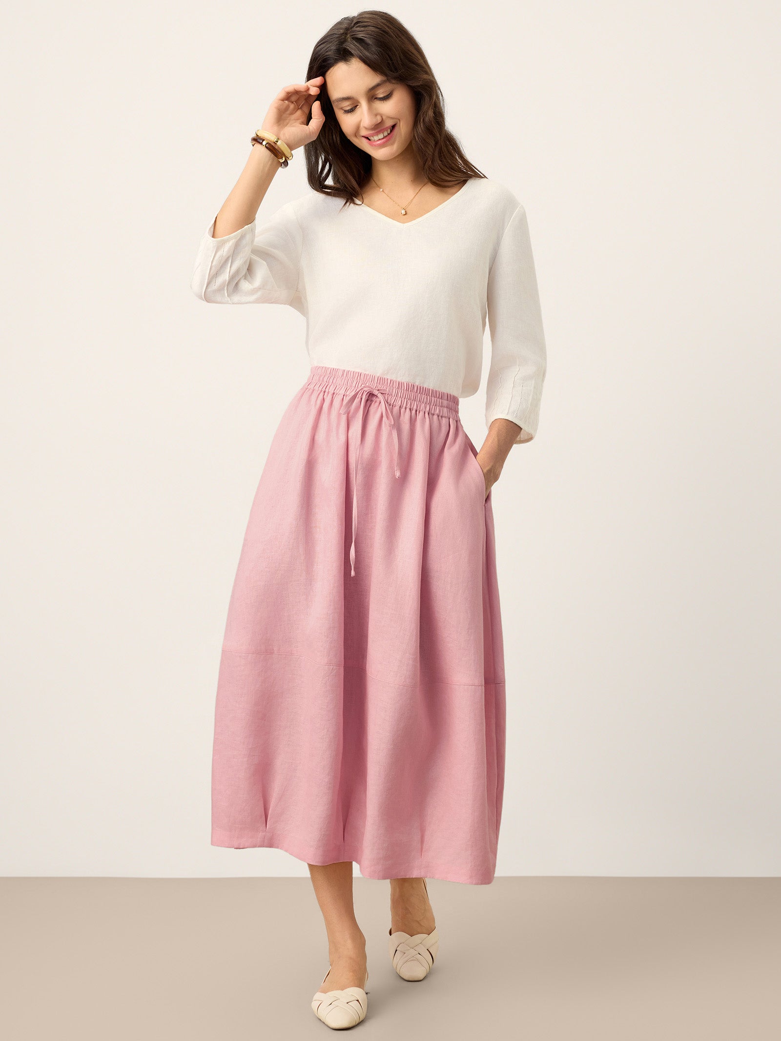 100% Linen Drawstring Lantern Maxi Skirt with Pockets ROXANNE by LINTICO for women