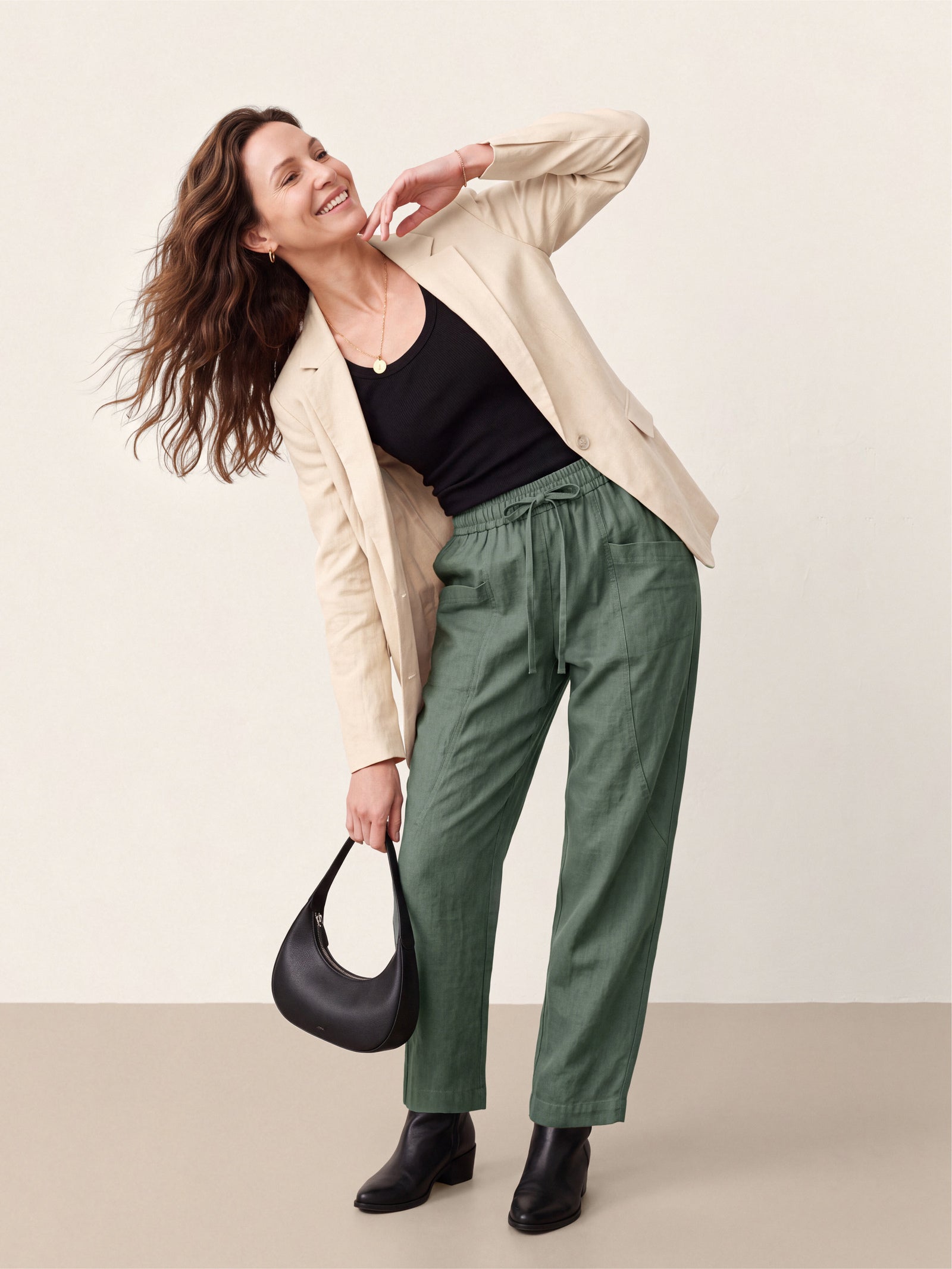 Green 100% Linen Drawstring Utility Ankle Pants AMELINE by LINTICO